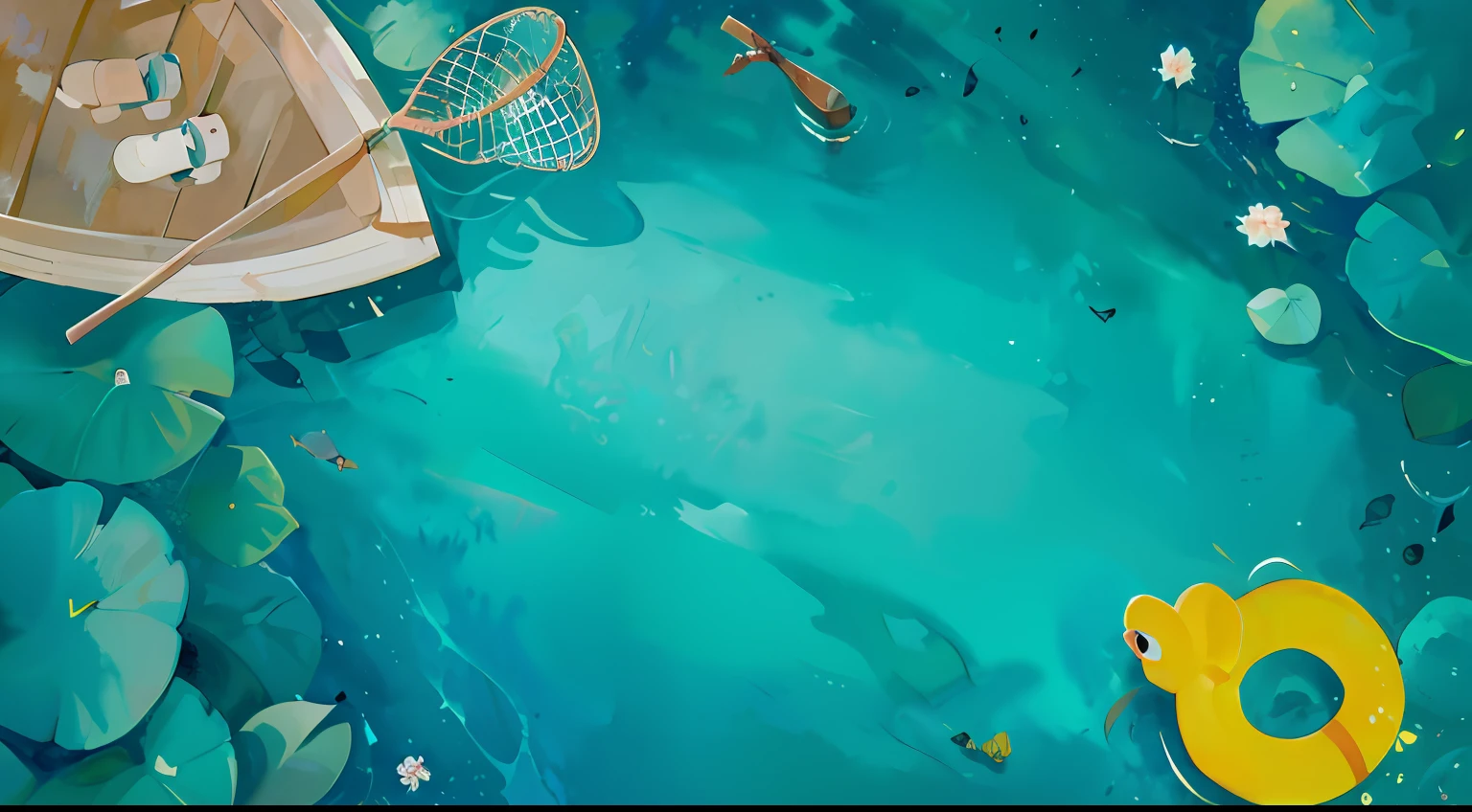 There is a painting,The painting shows a boat and a yellow rubber duck floating in a pond, fairy tale style background, a beautiful artwork illustration, background artwork, watercolor painting underwater, Floating. greenish blue, 4 k hd illustrative wallpaper, arte de fundo, Watercolor illustration style, flat water color texture, underwater background, 4 k hd wallpaper illustration, fishes floating in bedroom