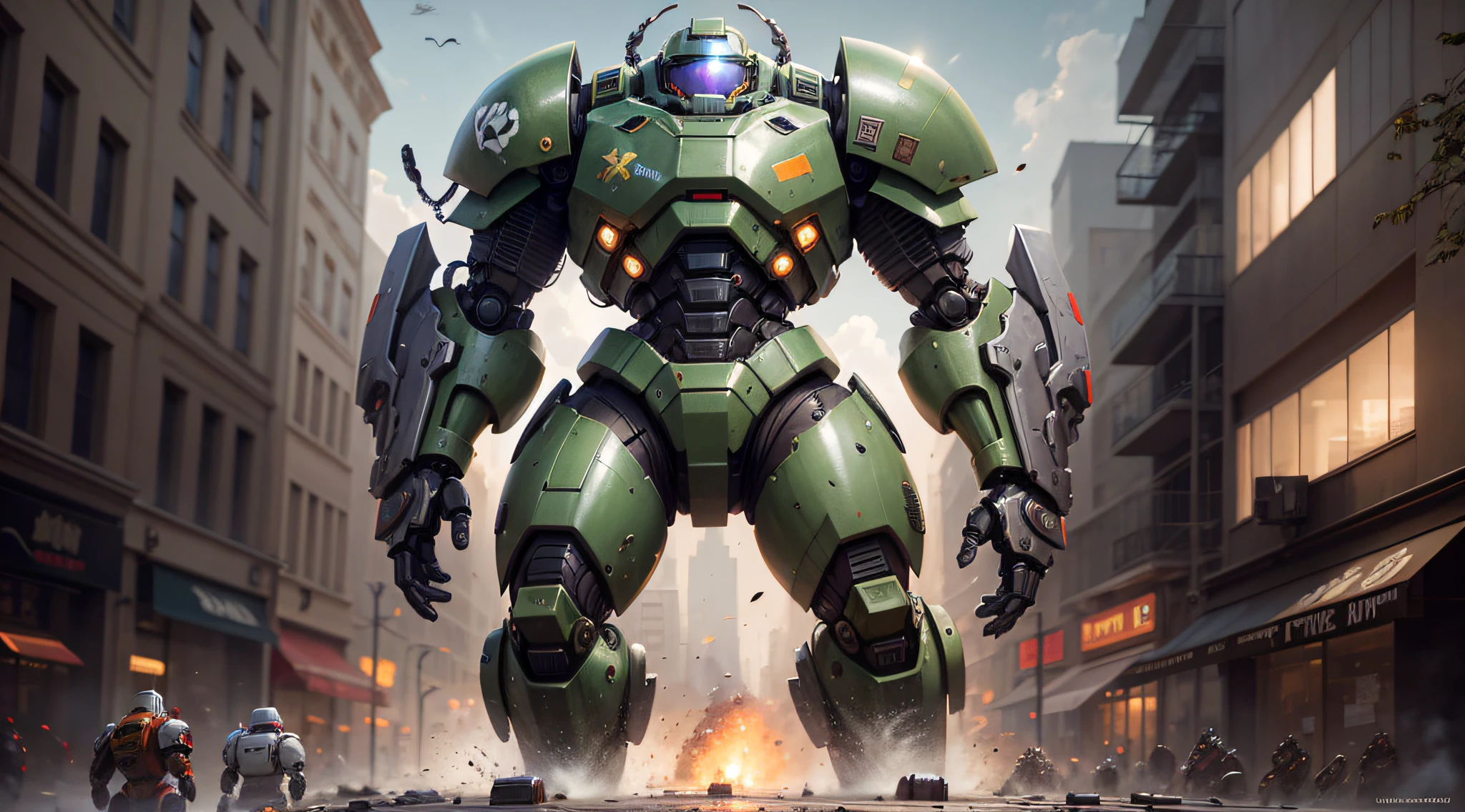 there is a large robot that is standing in the middle of a street, wojtek fus, Costume de mecha, comic book style battlemech, winston from overwatch, costume de robot, an anime large mecha robot, Alexander Ferra Mecha, Grand mecha, Battlemech, Art Mecha, mecha inspired, Robot de combat, full body mecha suit