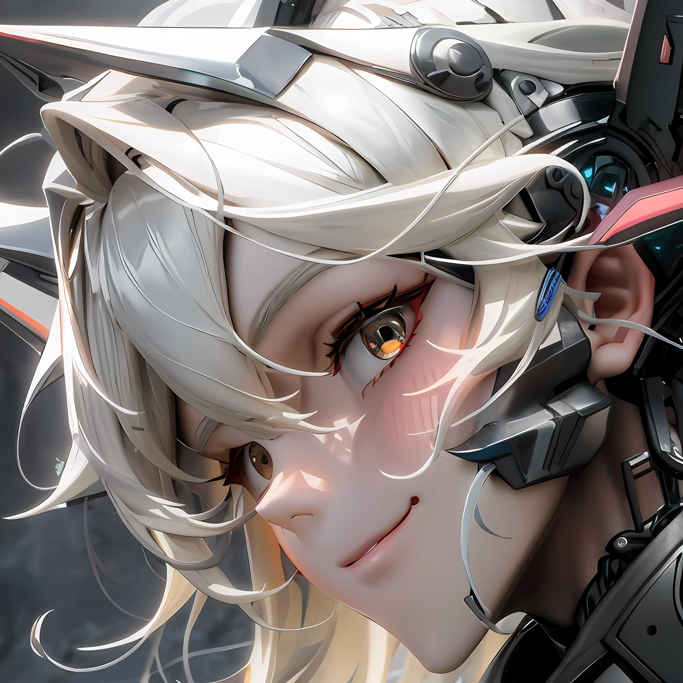 girls, smile, Electronic blue color, Wolf ears、 whited , color pastel、Bright atmosphere、Machine Man、White hair、Futuristic atmosphere、Despressing、White eyes、Longhaire、Orange eyes、Looking here、profile、