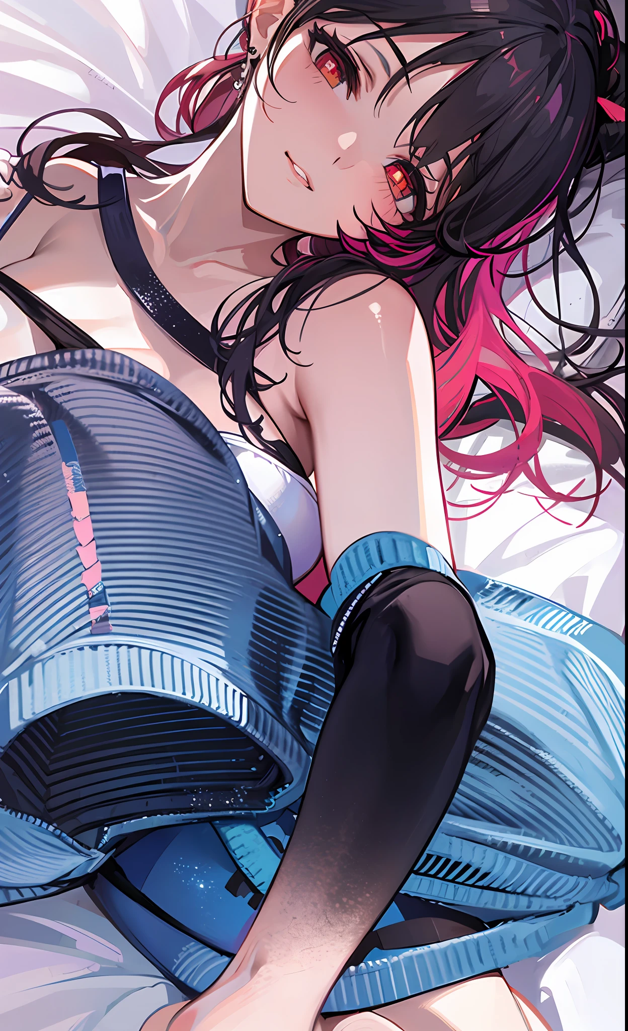 The ,Red pupils,Wrapped in a towel,laying on bed,an lingerie,Panty,Leg rings,Blue tights