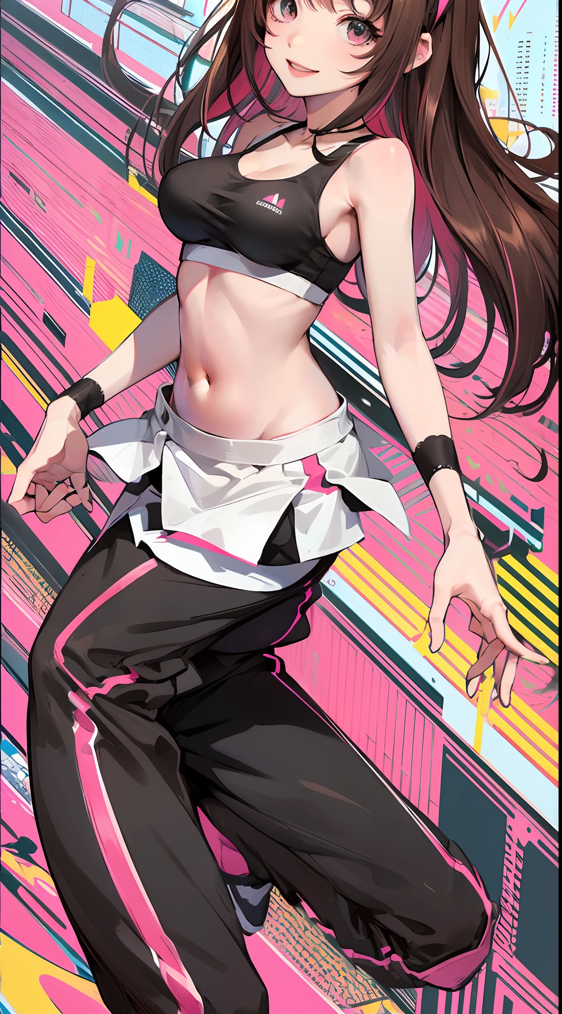 (Best quality, 8k, 32k, Masterpiece, UHD:1.2), kizuna ai, large breasts,long hair, brown hair, multicolored hair, floating hair, pink hairband, pink highlights, streaked hair, smiling, pink sports bra, black jogging pants, navel, road