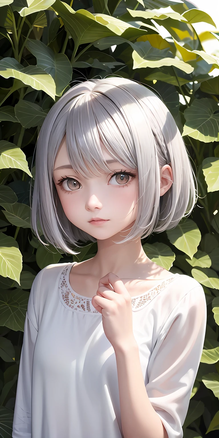 best quality, masterpiece,white hair, gold eyes,white clothes, looking up, upper body,hair strand,Fair skin,side braids