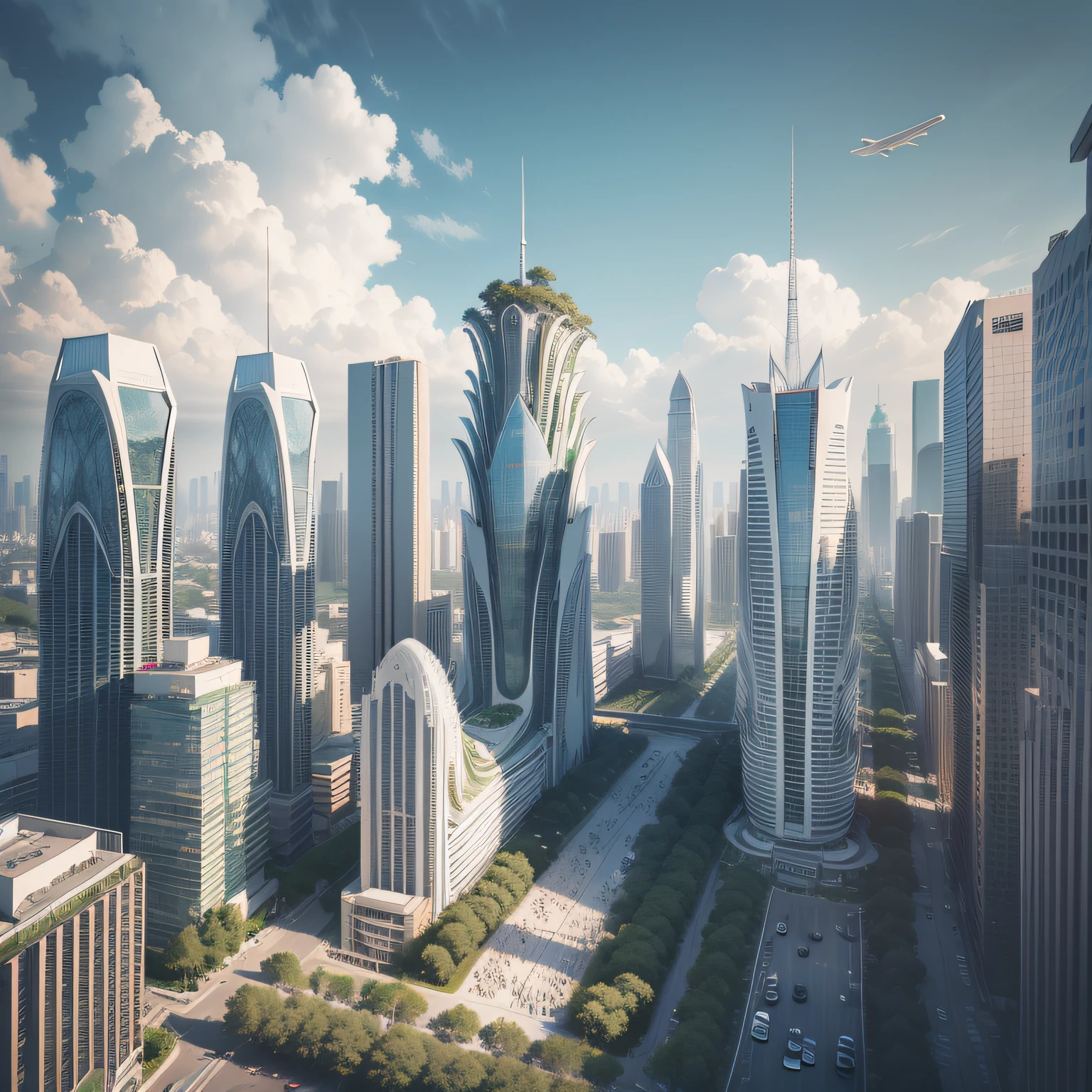 Futuristic architecture, arquitetura premiada, skyscraper architectureCity, photographic style, Rendering, Alameda de plane trees, Highly detailed dream building in the architectural styles of Oscar Niemeyer and Ernst Haeckel :: arquiteturacore :: High contrast wide avenue in front full of trees, plane trees