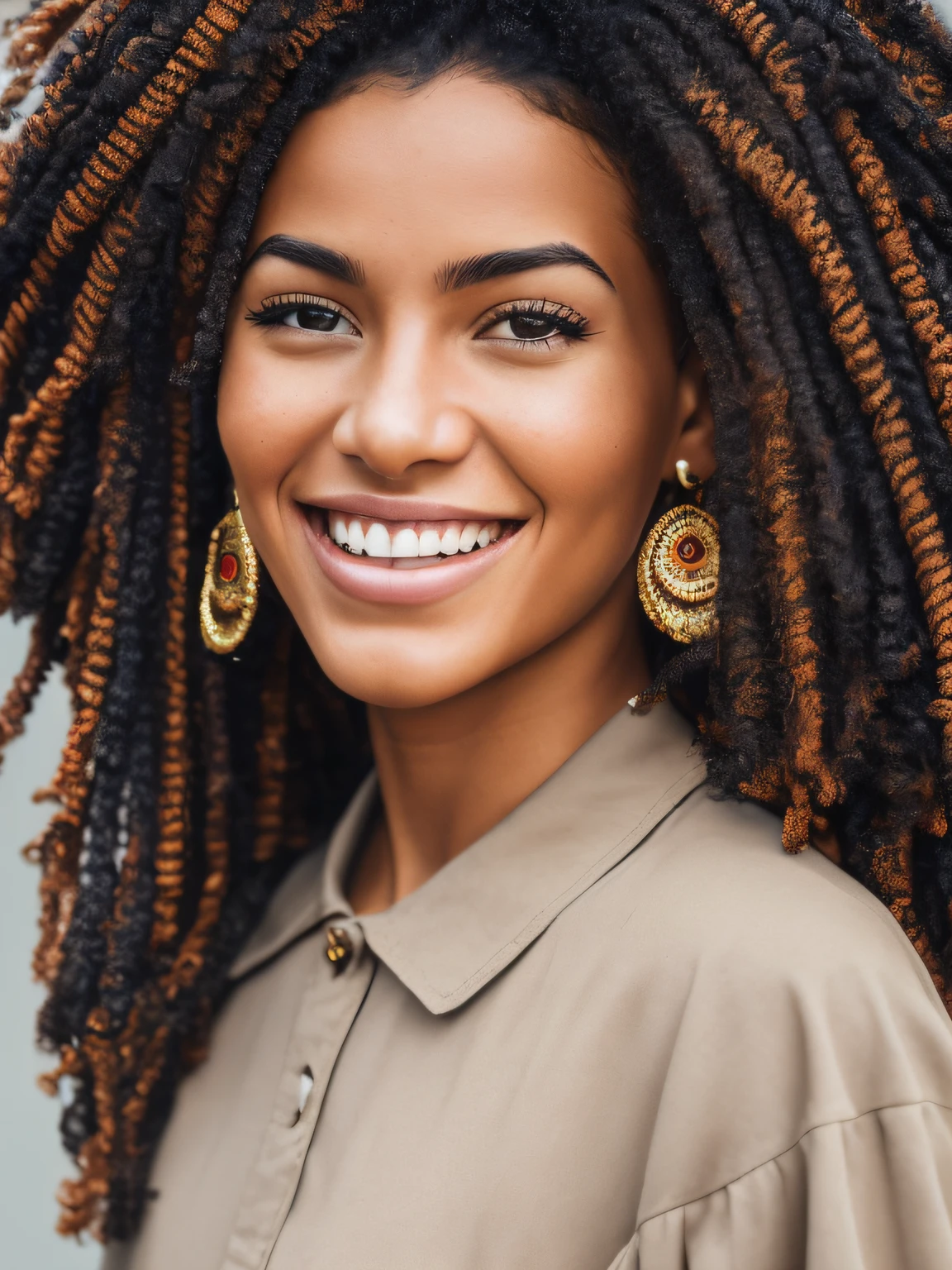 "Artistic, photographic Image of a 20 year old, smiling, latina, venezuelan woman, full body portrait with iconic Aimé Leon Dore clothes. She is seen wearing streetwear pieces. She has realistic Long, Choppy, Textured Bob. her right hand is on her chest. The image should be a digital photograph, featuring a level of detail that brings the character and scene to life. Her anatomy is average, capturing the essence of both freedom and soul. Photograph inspiration from Joe Puxley , the illustration features sharp focus, smooth transitions, and an underlying watercolor aesthetic.”, 35mm, Medium Shot, Studio Lighting, Highly Detailed, Octane Render, afro Hairstyle, smiling