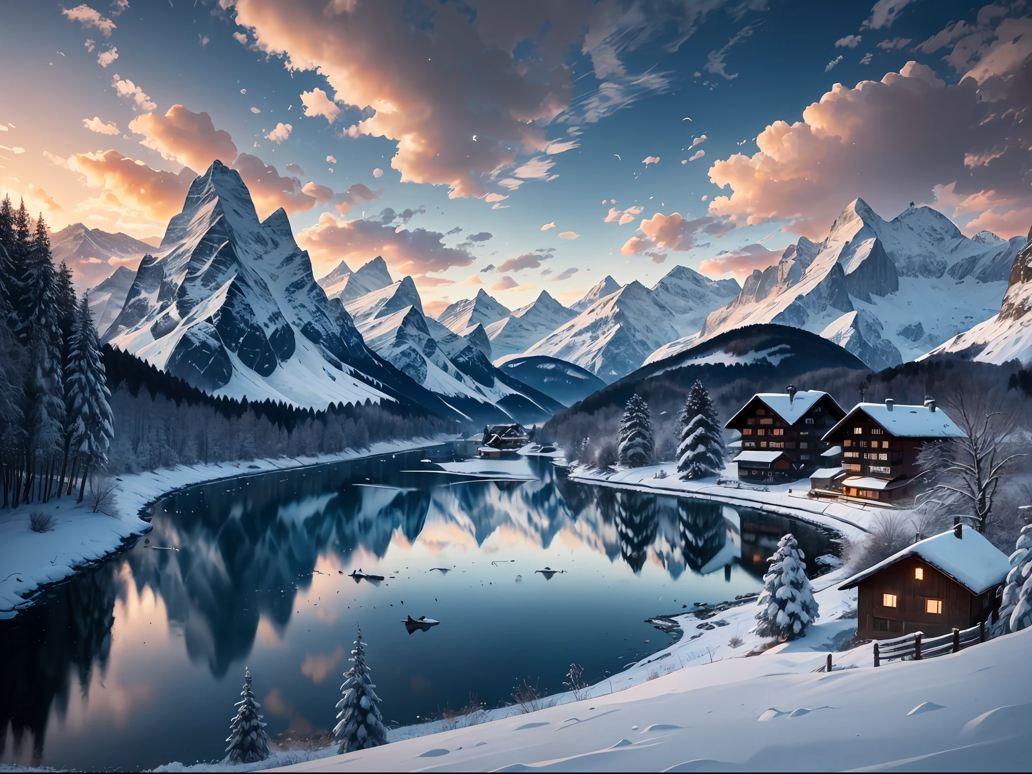 A picture of Switzerland houses in the alps in the winter, , birds flying in the distance, cinematic, realism, crystal clear, micro-details, cinematic light, highres, imagination, (realistic), clear skies, composition, sunset, (hdr:1.5), outdoors, intricate details, close up, wild life in the background, inviting atmosphere