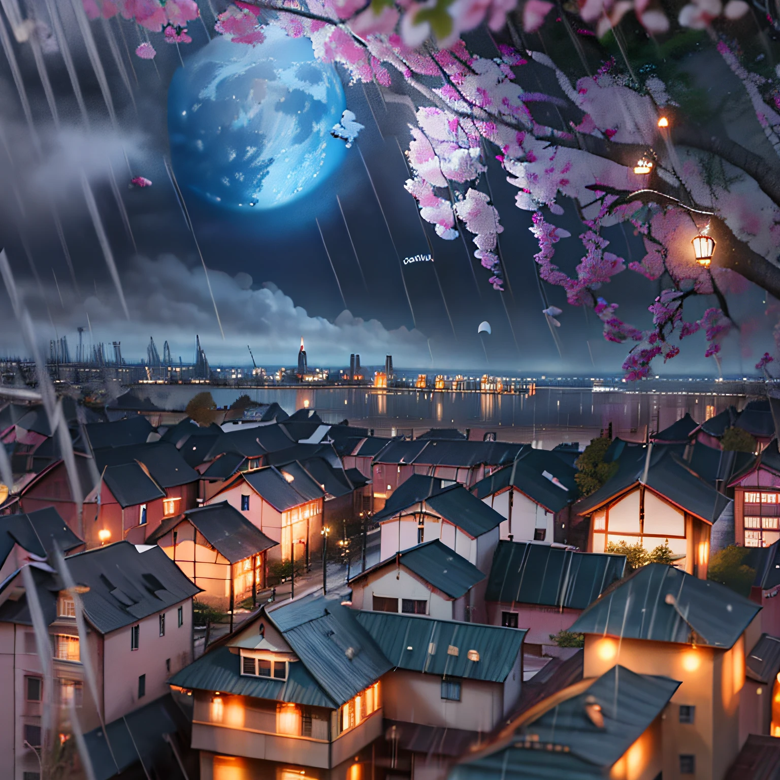 Arafed view of a village,There are a lot of lights on the building,dreamy Chinese towns,Chinese Village,amazing wallpaper,The moon is shining,The shadows of the trees are shining,rainy evening, Cyberpunk ancient Chinese castle, Well-lit building, In the evening in the rain, Beautiful and aesthetic, cinematography, filmes, 8k, high detailled ((raining heavily)))