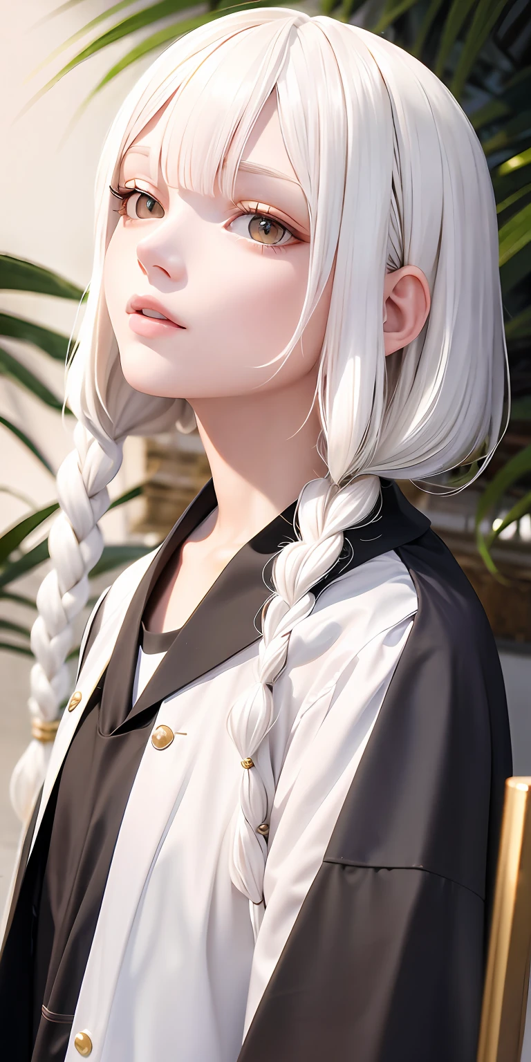 best quality, masterpiece,white hair, gold eyes,white clothes, looking up, upper body,hair strand,Fair skin,side braids