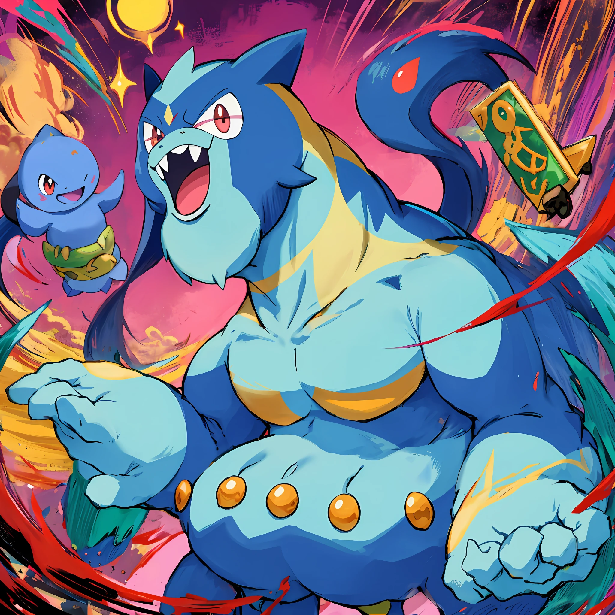 Monstro, fofo, anime, Pokémon style, 4k, Full HD, pequeno, cores vibrantes, brilhando em azul com vermelho