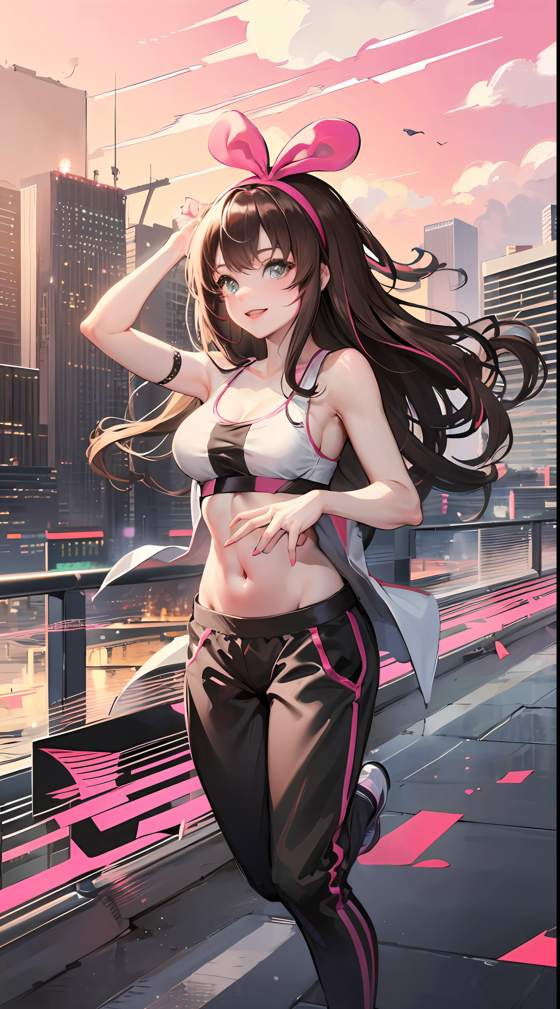 (Best quality, 8k, 32k, Masterpiece, UHD:1.2), kizuna ai, large breasts,long hair, brown hair, multicolored hair, floating hair, pink hairband, pink highlights, streaked hair, smiling, pink sports bra, black jogging pants, navel, road