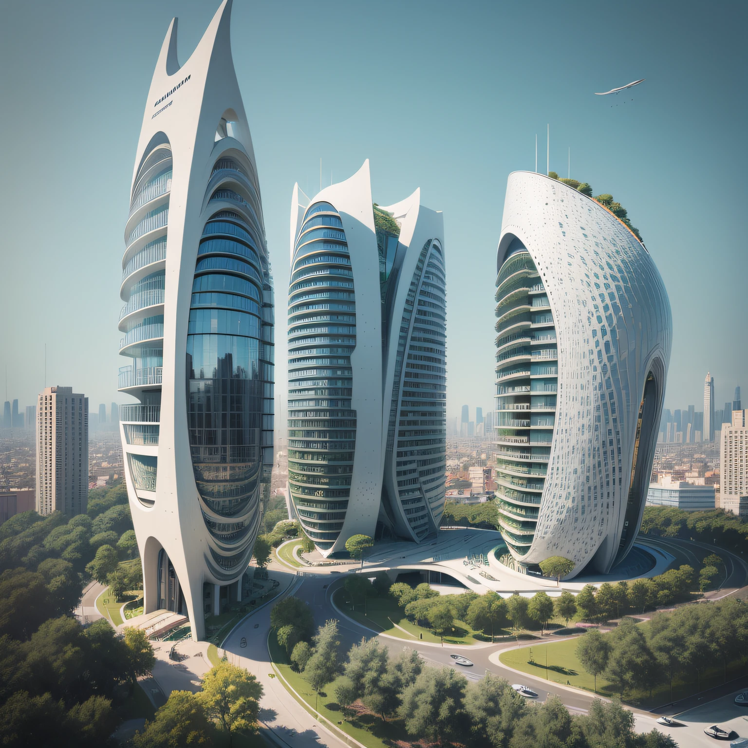 Futuristic architecture, arquitetura premiada, skyscraper architectureCity, photographic style, Rendering, Alameda de plane trees, Highly detailed dream building in the architectural styles of Oscar Niemeyer and Ernst Haeckel :: arquiteturacore :: High contrast wide avenue in front full of trees, plane trees