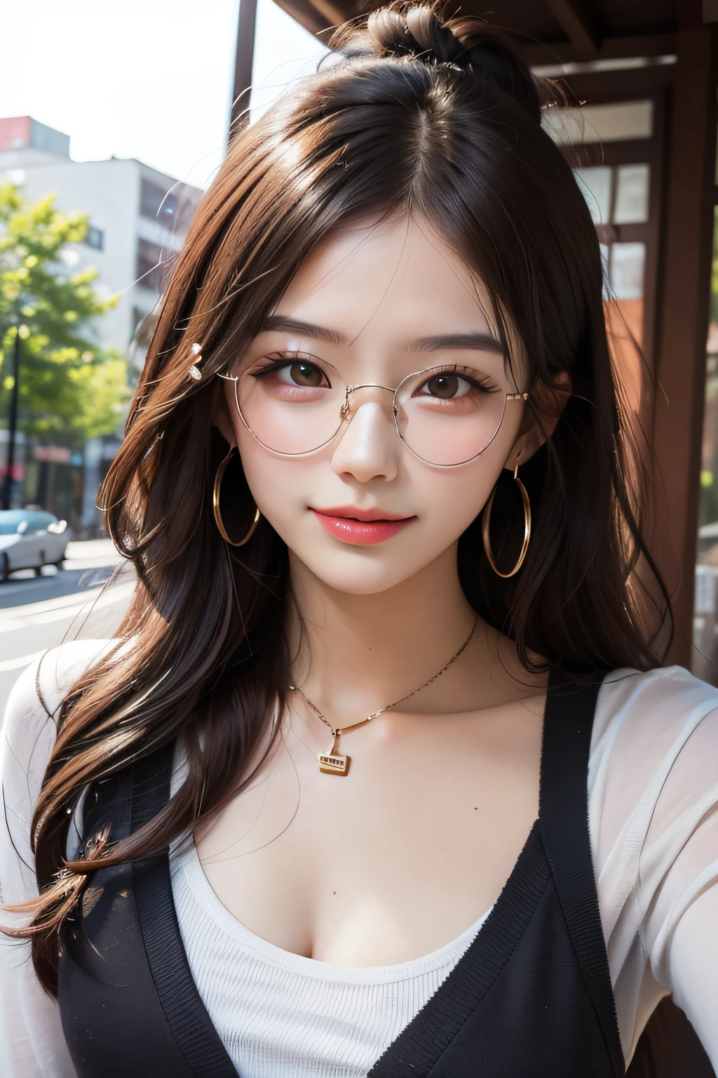 Linghua Bin, 1girl, 独奏, eye glasses, chests, cleavage breasts, brown colored hair, jewlery, ponie tail, looking at the viewers, brown eyess, smile on face, tusk, shirts, ear ring, upper-body, s lips, small tits, long hairs, A bracelet, Adjust hair, Underarms, a blurry background, Round eyewear