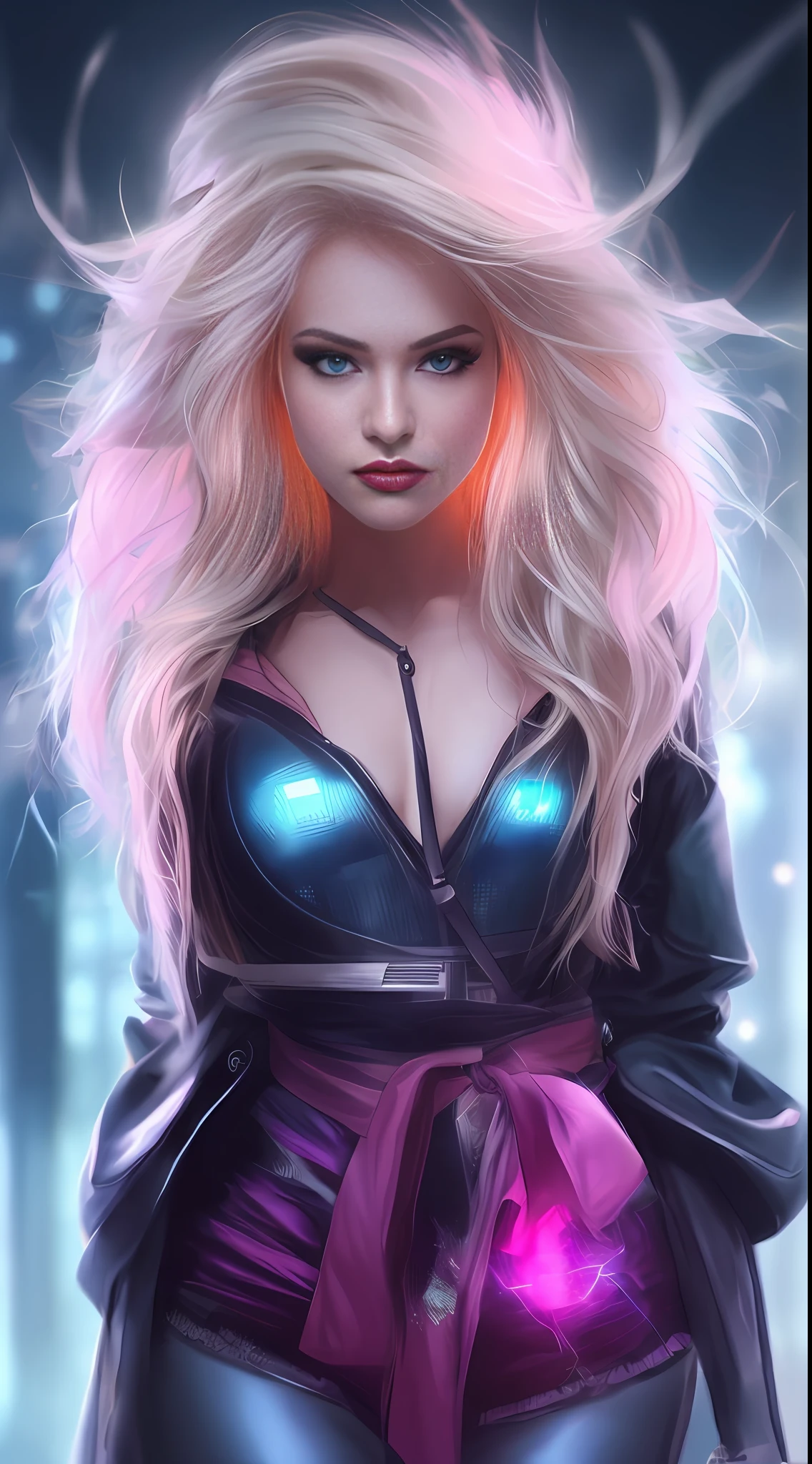Un primer plano de una mujer con cabello largo y rubio y una chaqueta, dramatic lighting))), Aspecto futurista, Al estilo de WLOP, mirada feroz, Diosa rubia, cabello blanco intenso, Chica perfecta de pelo blanco, Impresionante y malhumorado, Cyborg - Chica con cabello plateado, Chica con el pelo blanco, con cabello largo y rubio, Misterioso glamour, mirada aterradora, seductive cyberpunk dark fantasy