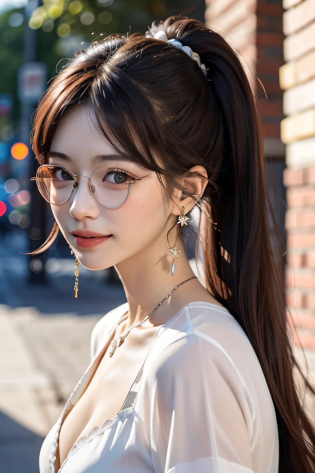 Linghua Bin, 1girl, 独奏, eye glasses, chests, cleavage breasts, brown colored hair, jewlery, ponie tail, looking at the viewers, brown eyess, smile on face, tusk, shirts, ear ring, upper-body, s lips, small tits, long hairs, A bracelet, Adjust hair, Underarms, a blurry background, Round eyewear