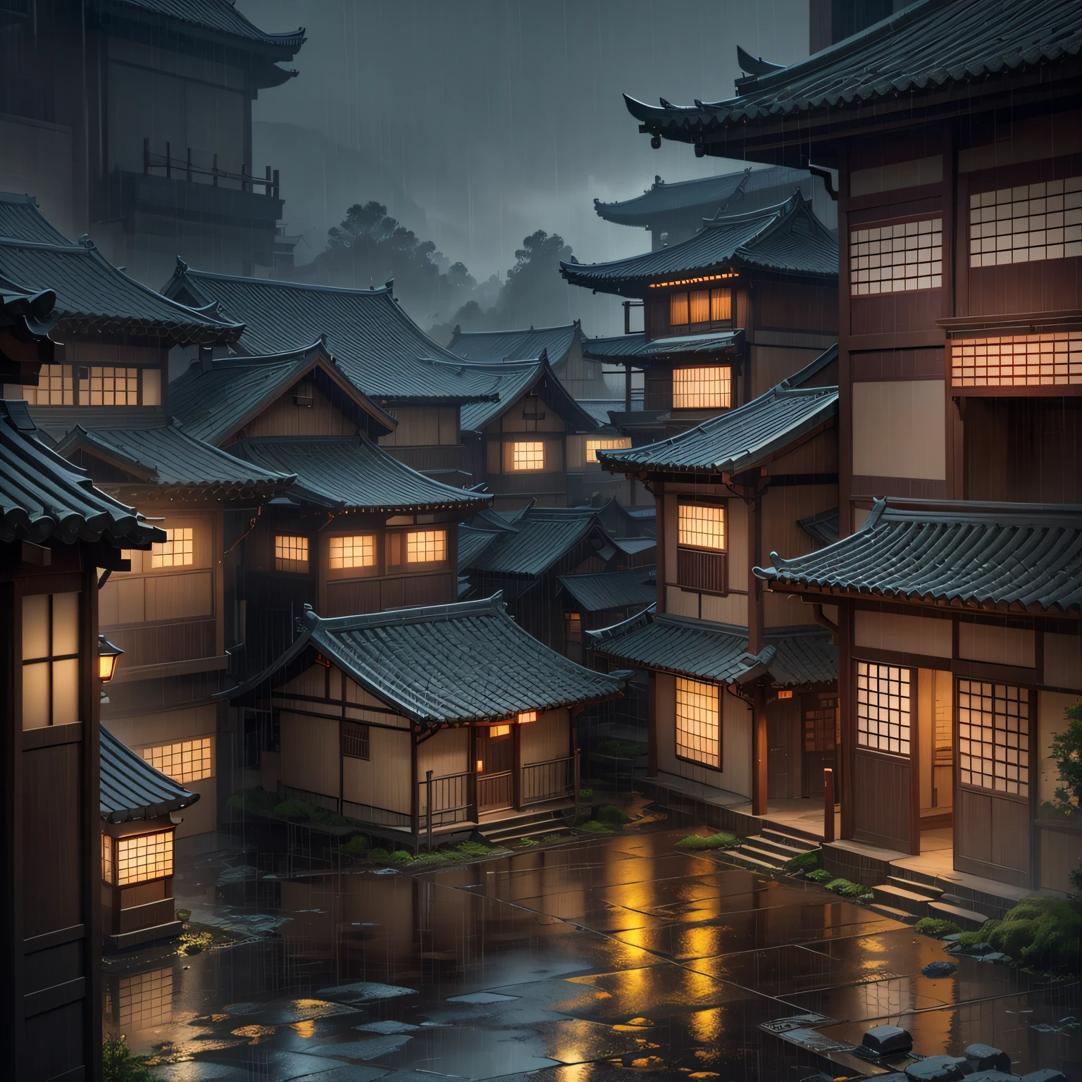 arafed view of a village with a lot of lights on the buildings, dreamy chinese town, chinese village, amazing wallpaper, japanese town, japanese village, hyper realistic photo of a town, old asian village, japanese city, by Raymond Han, rainy evening, cyberpunk chinese ancient castle, beautifully lit buildings, at evening during rain, beautiful and aesthetic, photography, cinematic, 8k, high detailed ((Heavy rain)))