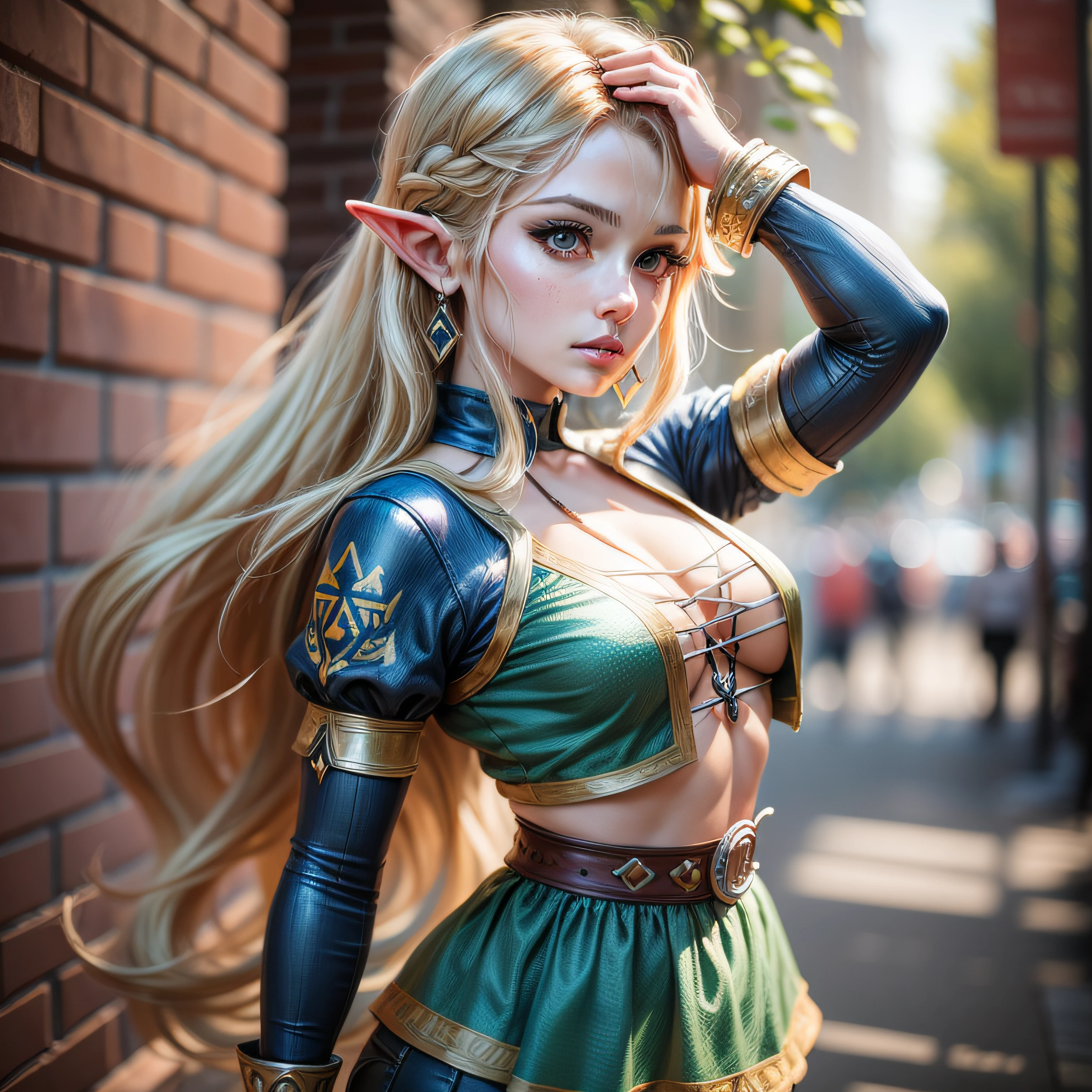 Mulher de cabelos loiros em roupa azul e bege segurando em poses de combate como em street fighter, Zelda, Retrato de Zelda, de lenda de Zelda, Link da lenda de Zelda, link do Zelda, Fotos cosplay, Cosplay ornamentado, Cosplay profissional, Cosplay, Cosplay Completo, Artgerm Moody Fotografia, Princesa Zelda, Zelda como Triforce, Hyrule, Anime Garota Cosplay, ray tracing, ray tracing, ray-traced, 4k, 3d-render, extremanente detalhado, alta qualidade, luz e sombra realistas,