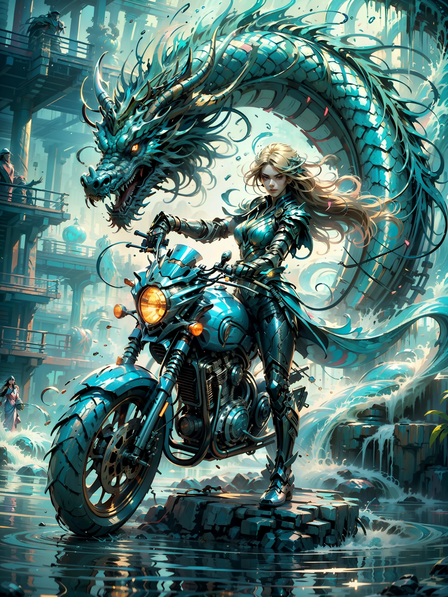 (Best quality), (Masterpiece), a very exquisite and beautiful girl, Very detailed, Amazing, ExquisiteDetail, officlal art, Super detailed, high-level, beautiful details girl, with a radiant face, a girl standing in front of a dragon, Long, Dragon, (Floating blonde hair), jade water book, Water, Waves, Filled with water energy, all mechanical, pink mechanical, mix4,((on Dragon motorcycle)),Neon lights