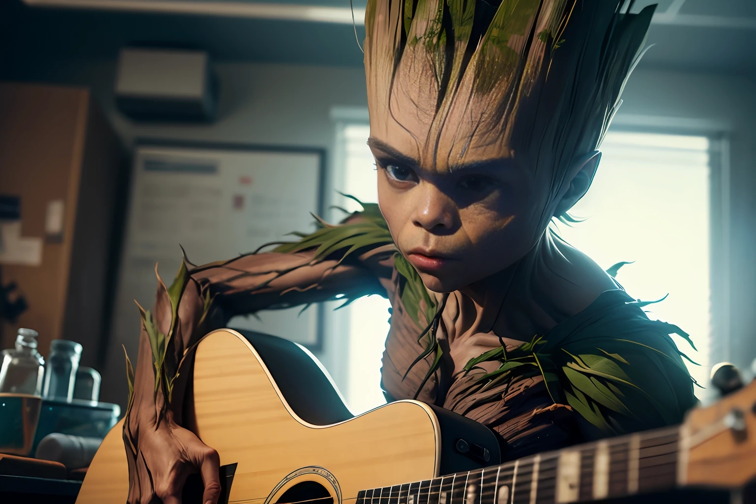 Low Angle shot. Groot, (playing guitar), sitting, detailed eyes, detailed face, inside his lab, , crazy scene from a movie, dramatic shooting angle, atmospheric particles, Real, raw cinematic photorealism, action portrait, 8k, detailed, centered, full frame