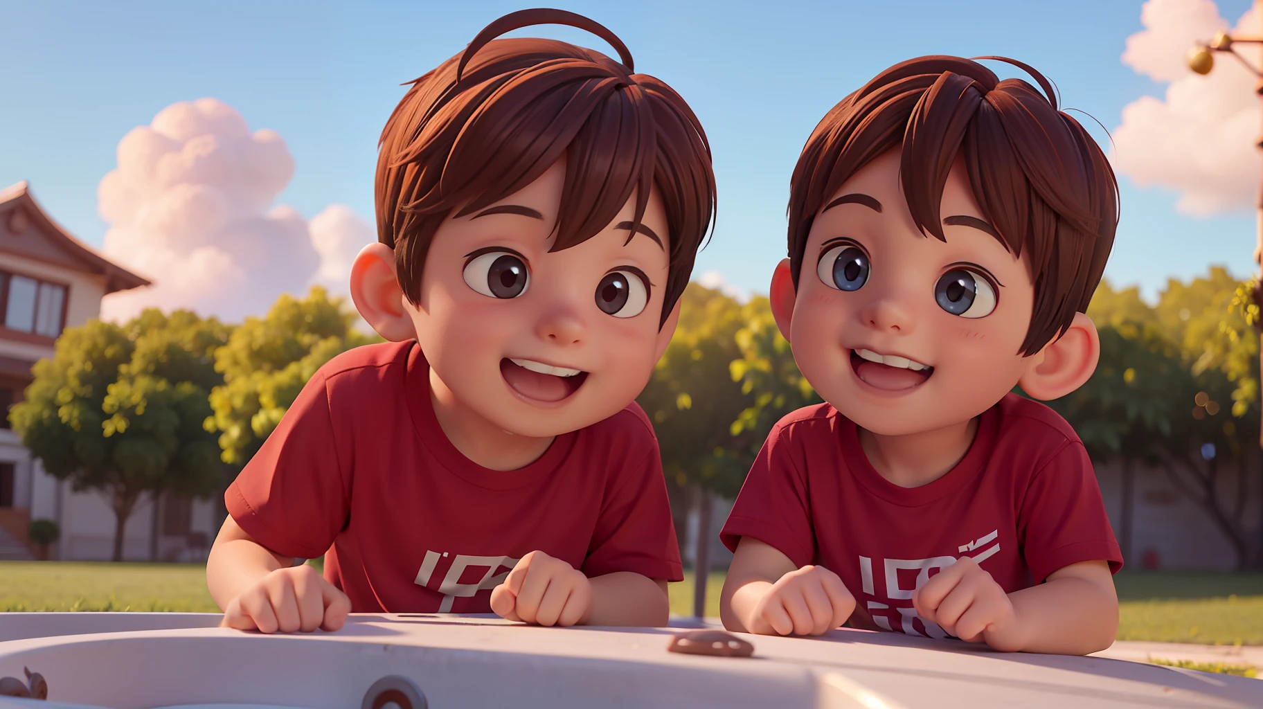 Cinematic wallpaper of emotatruffa playing with his father wtruffan and happy on the playground on a beautiful sunny day. Pai e filho.
