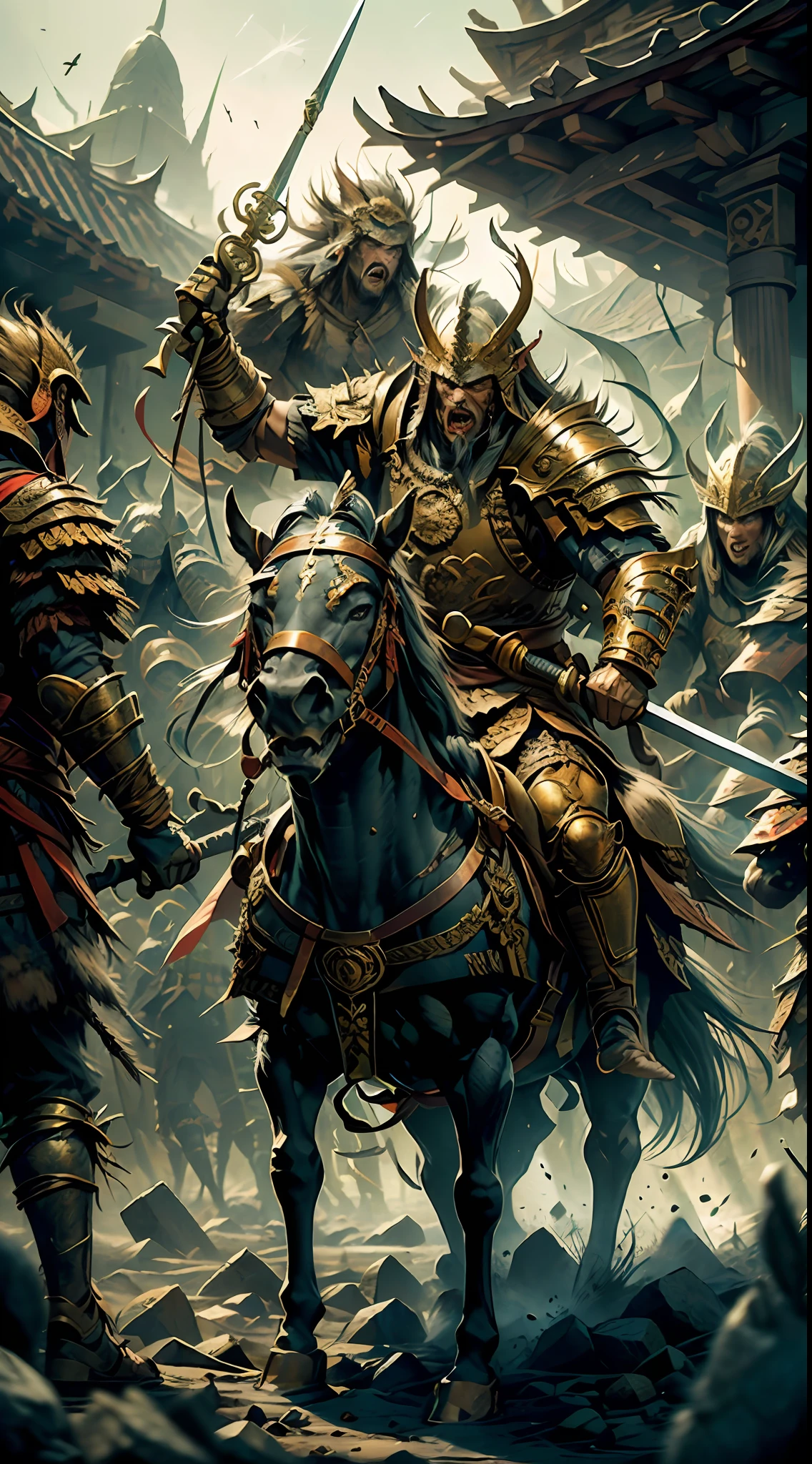 A chaotic image of a medieval battlefield engulfed in chaos. Elves and orcs clash in an intense and desperate fight. The composition reveals a scenario full of action, with fallen bodies and debris scattered on the ground. The elves, agile and graceful, deftly dodge the brutal attacks of the orcs. While some elves wield swords masterfully, others unleash devastating arcane spells. In contrast, orcs demonstrate relentless ferocity, wielding axes and hammers with frightening force. The scene is a whirlwind of movement and violence, depicting the rage of war between elves and orcs.((obra-prima))), (((melhor qualidade))), ((ultra-detalhado)), (hiper-realista), (Highly detailed CG illustration), cinematic lightin, intrincado eaba detalhado, capa vermelha, spear, montada em um cavalo