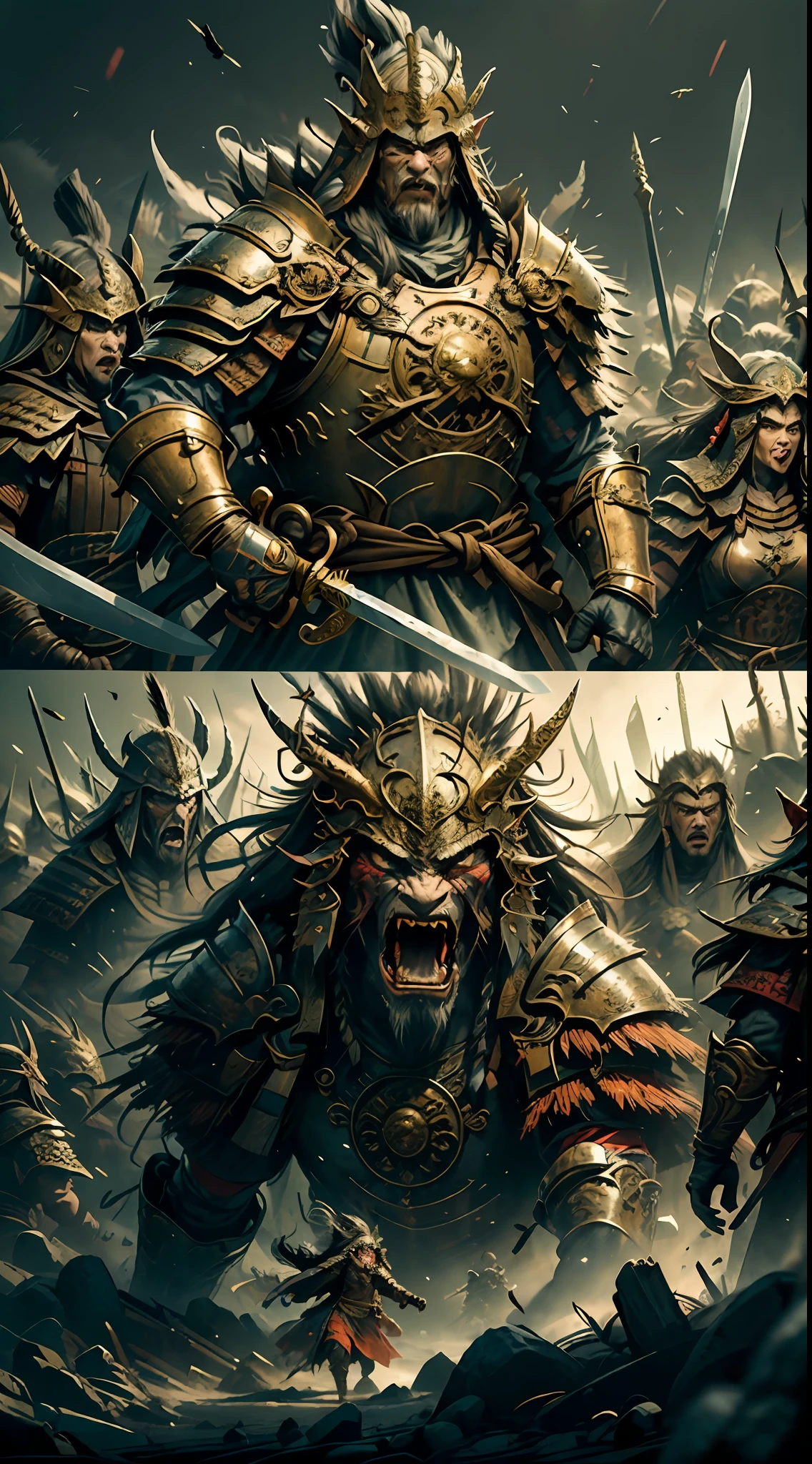 A chaotic image of a medieval battlefield engulfed in chaos. Elves and orcs clash in an intense and desperate fight. The composition reveals a scenario full of action, with fallen bodies and debris scattered on the ground. The elves, agile and graceful, deftly dodge the brutal attacks of the orcs. While some elves wield swords masterfully, others unleash devastating arcane spells. In contrast, orcs demonstrate relentless ferocity, wielding axes and hammers with frightening force. The scene is a whirlwind of movement and violence, depicting the rage of war between elves and orcs.((obra-prima))), (((melhor qualidade))), ((ultra-detalhado)), (hiper-realista), (Highly detailed CG illustration), cinematic lightin, intrincado eaba detalhado, capa vermelha, spear, montada em um cavalo