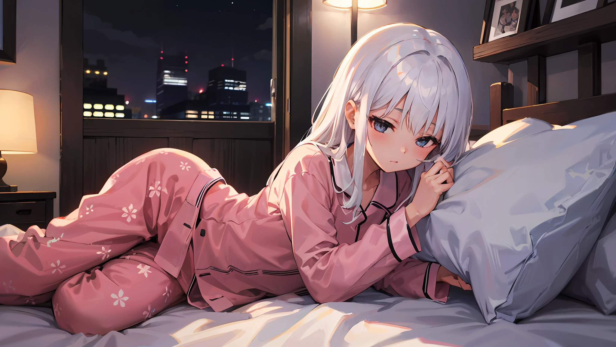 4K、Realstic、Charismatic、higly detailed、There is a girl in pajamas on the bed、She is sleepy、White theme、White hair、25age、full full body、((Night))、