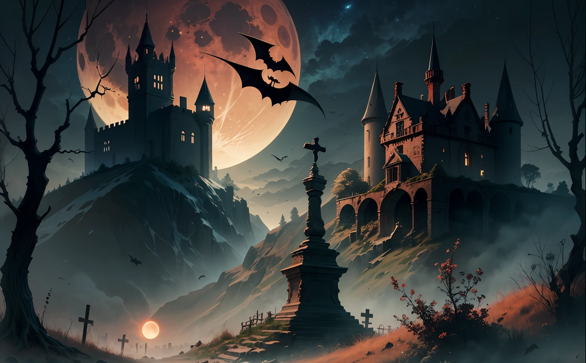 Ruined castle，Night，Blood-red moon，Dead branches in the foreground，Barren meadows，bat，A black mist hangs over the castle，Fuel lamps，Cemetery，crosses