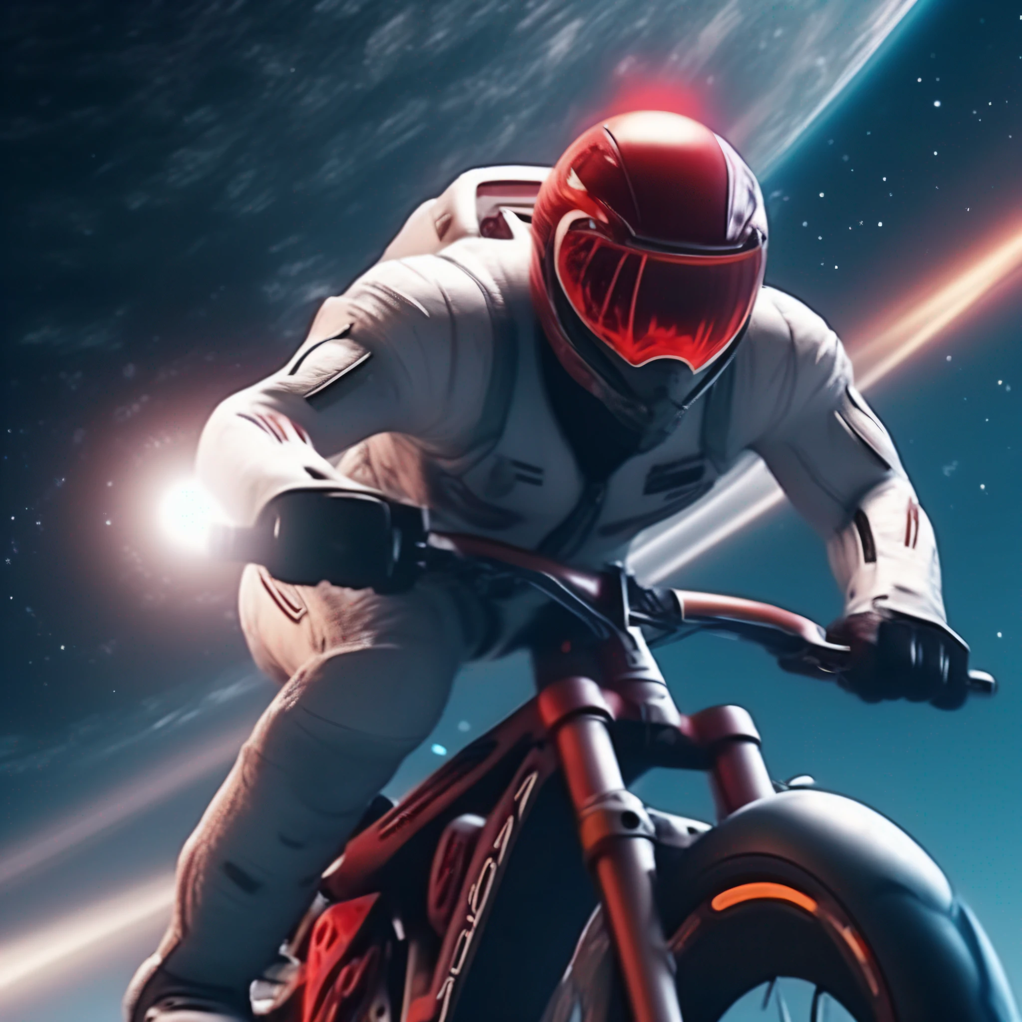l obo with red eye super strong white skin on his bike flying in outer space realistic 8k