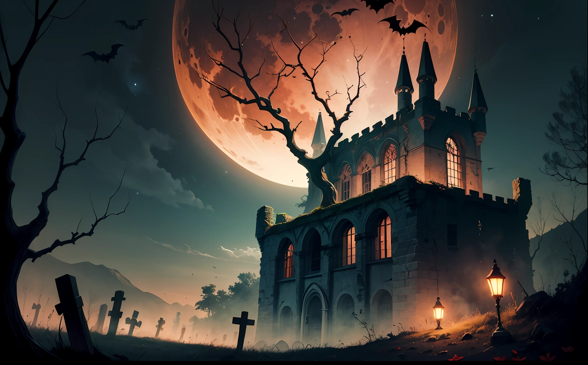 Ruined castle，Night，Blood-red moon，Dead branches in the foreground，Barren meadows，bat，A black mist hangs over the castle，Fuel lamps，Cemetery，crosses