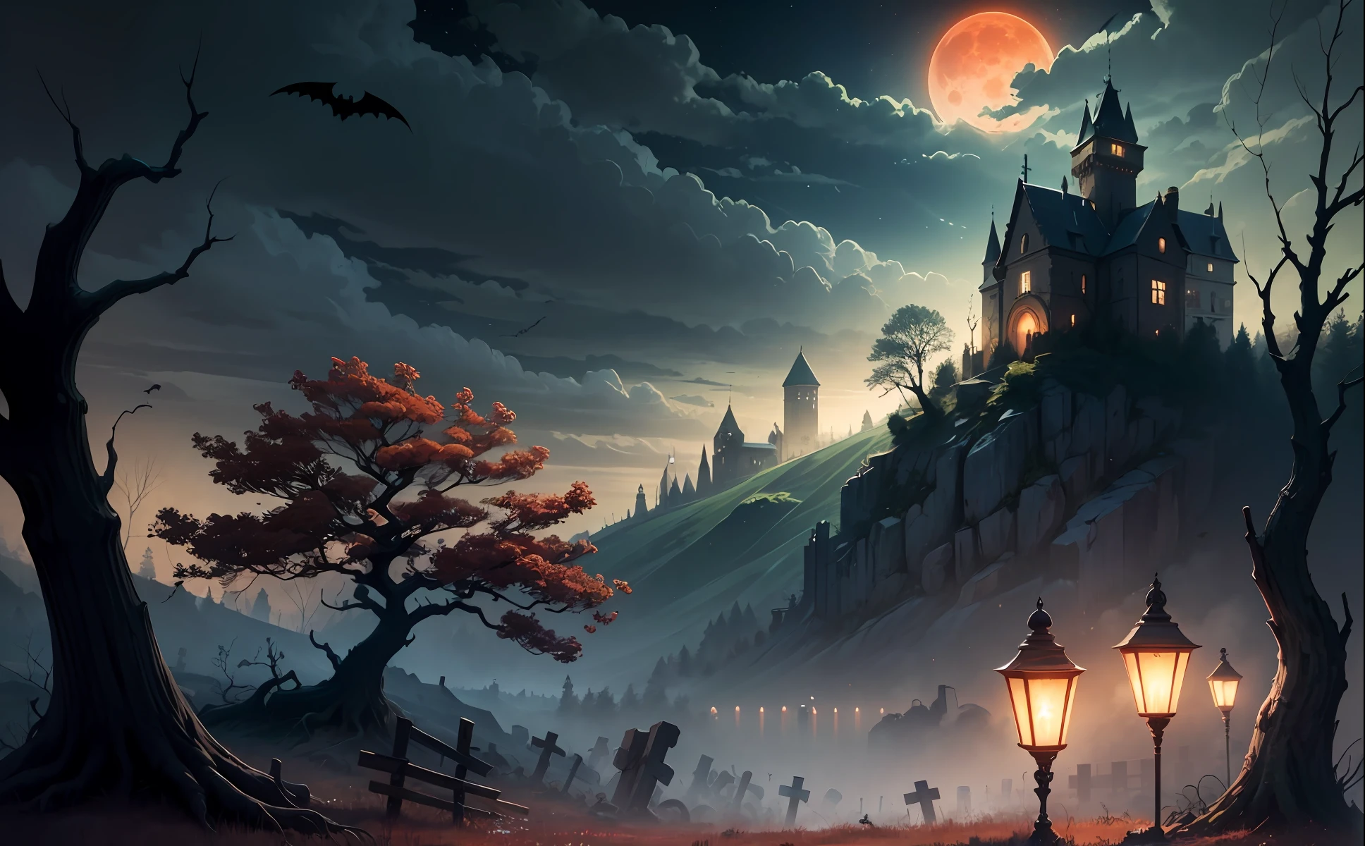 Ruined castle,Night,Blood-red moon,Dead branches in the foreground,Barren meadows,bat,A black mist hangs over the castle,Fuel lamps,Cemetery,crosses