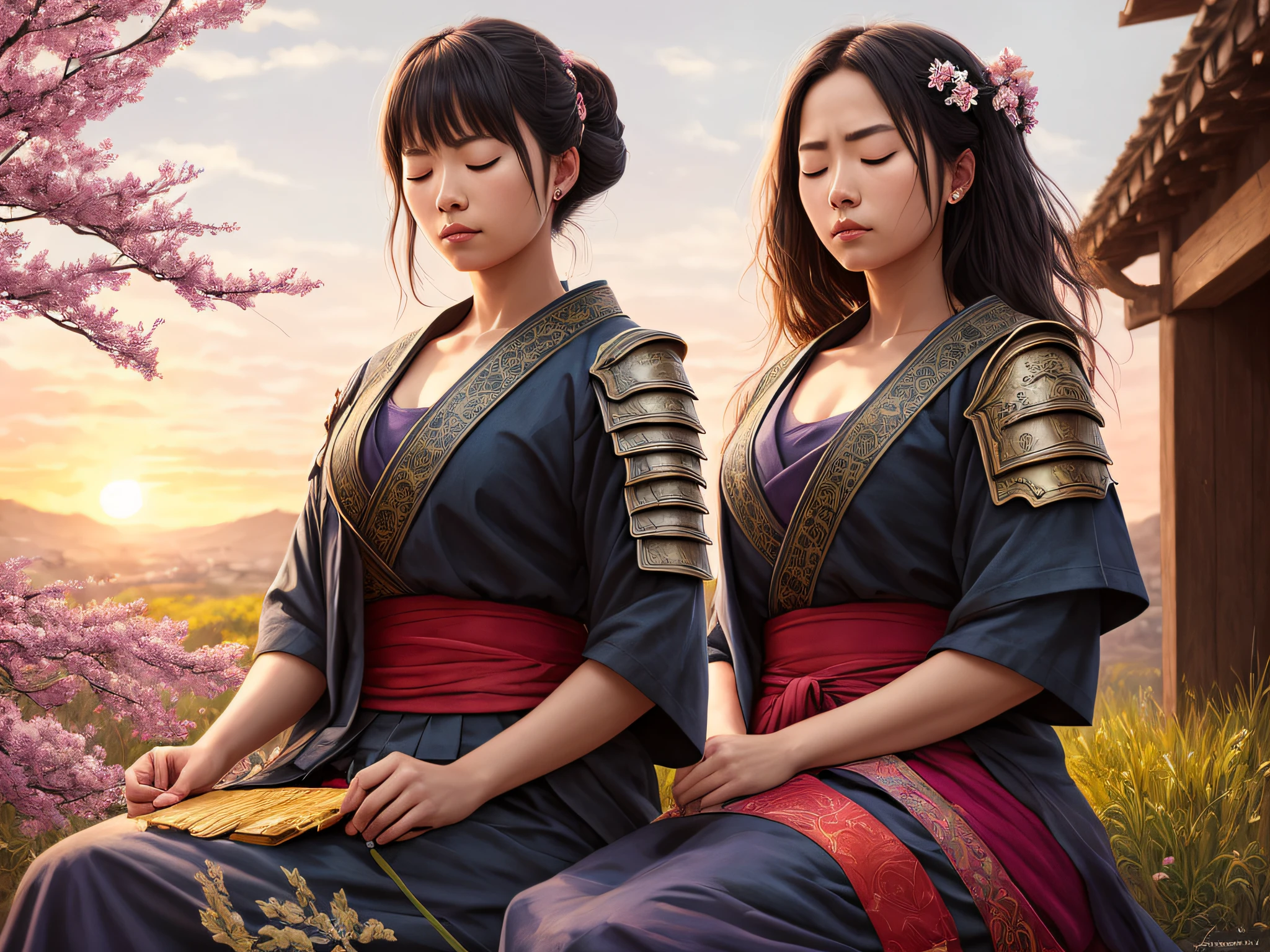 1girl samurai meditating, eyes closed, full armor, under sakura, sunrise, full body shot, modelshoot style, beautiful highly detailed face, realistic, cinematic artgerm and greg rutkowski and alphonse mucha, 8 k, (hdr:1.4), photorealistic painting art by midjourney and greg rutkowski, warm pastel colors, (oil painting:1.3), pastel, masterpiece detailed, hyperrealism, trending on artstation