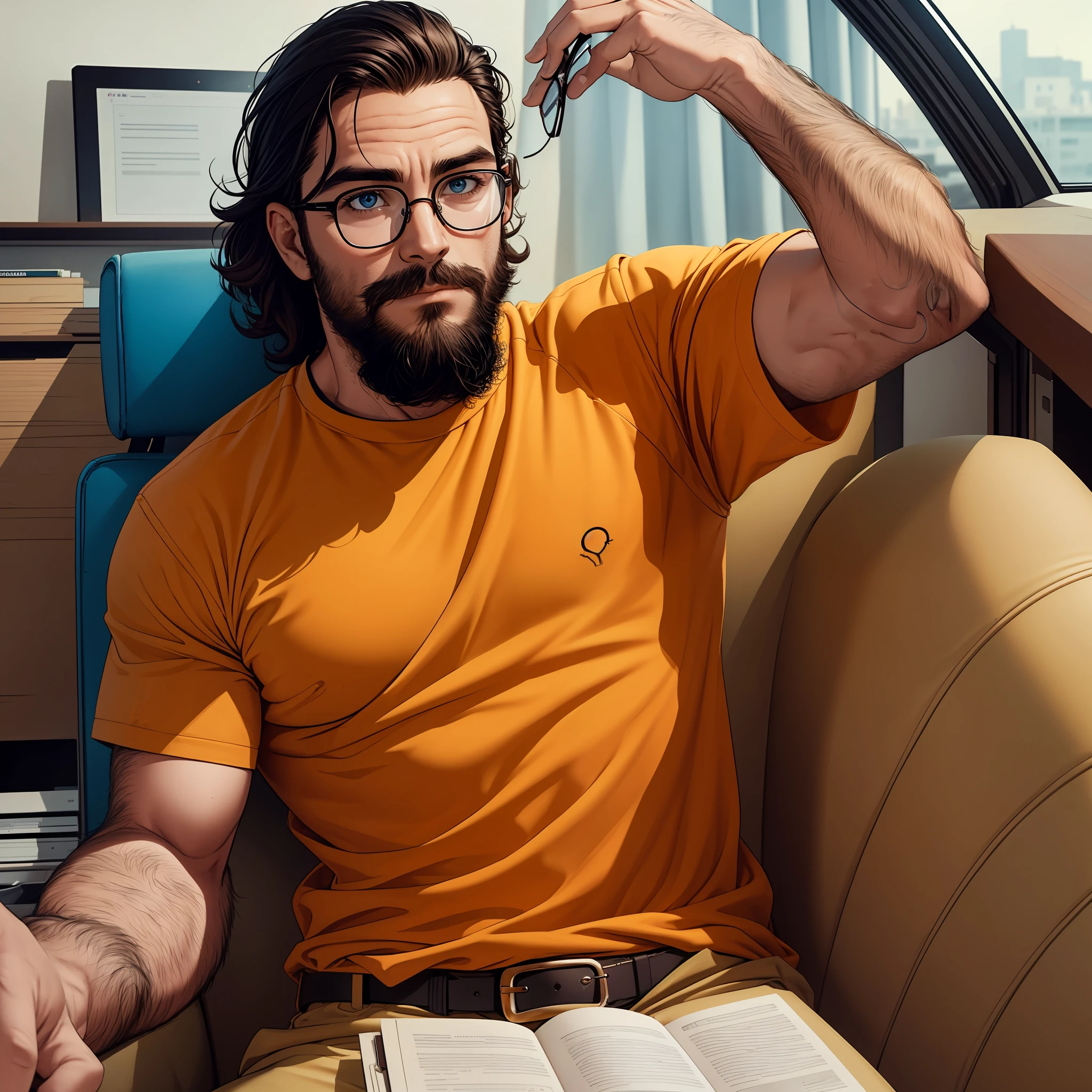 homem de 30 anos com barba cheia escura, wears prescription glasses, tem um cabelo curto, --auto