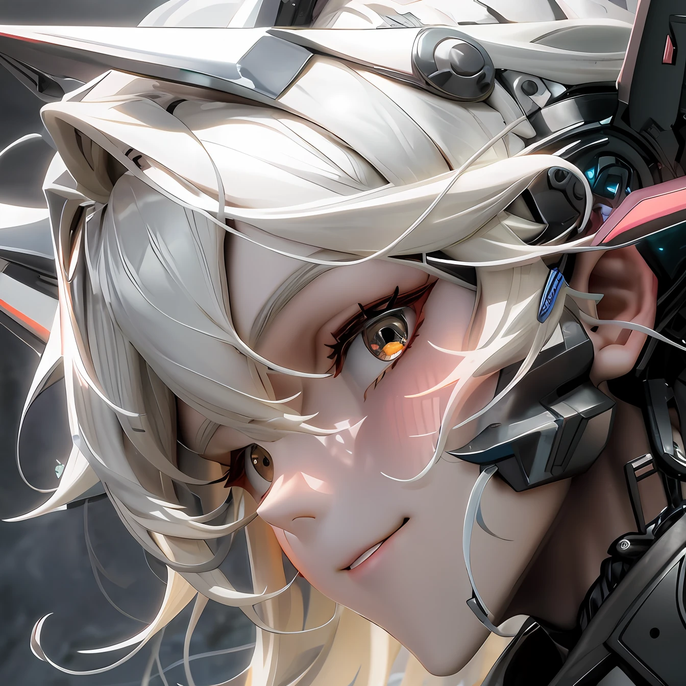 girls, smile, Electronic blue color, Wolf ears、 whited , color pastel、Bright atmosphere、Machine Man、White hair、Futuristic atmosphere、Despressing、White eyes、Longhaire、Orange eyes、Looking here、profile、
