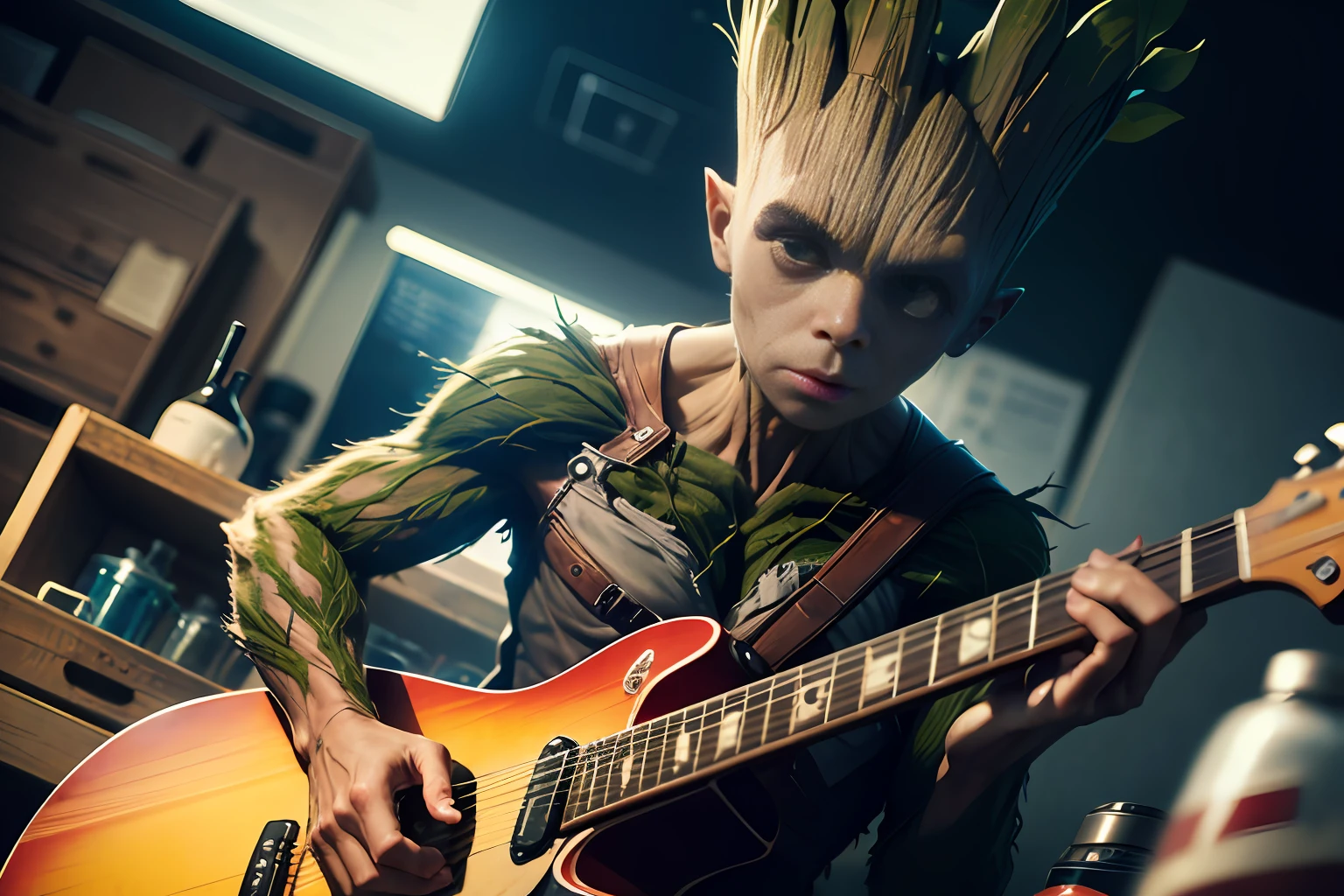 Low Angle shot. Groot, (playing guitar), sitting, detailed eyes, detailed face, inside his lab, , crazy scene from a movie, dramatic shooting angle, atmospheric particles, Real, raw cinematic photorealism, action portrait, 8k, detailed, centered, full frame
