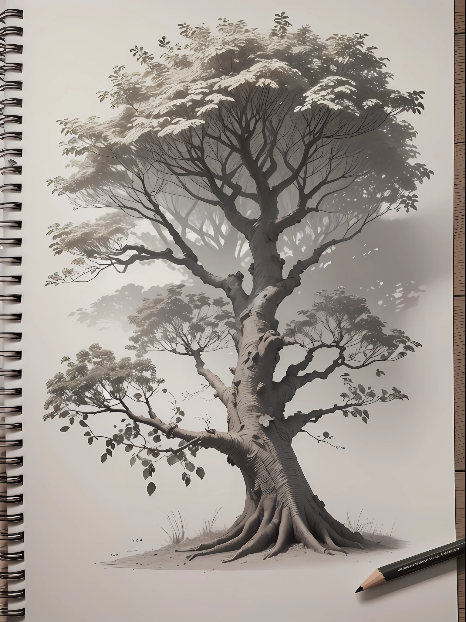 Tree with several branches, detalhado, various branches, folhas de cor laranja, caderno de rascunhos, 8k, Highresolution, alta qualidade, pencil 2b, 4b pencil, rabisco
