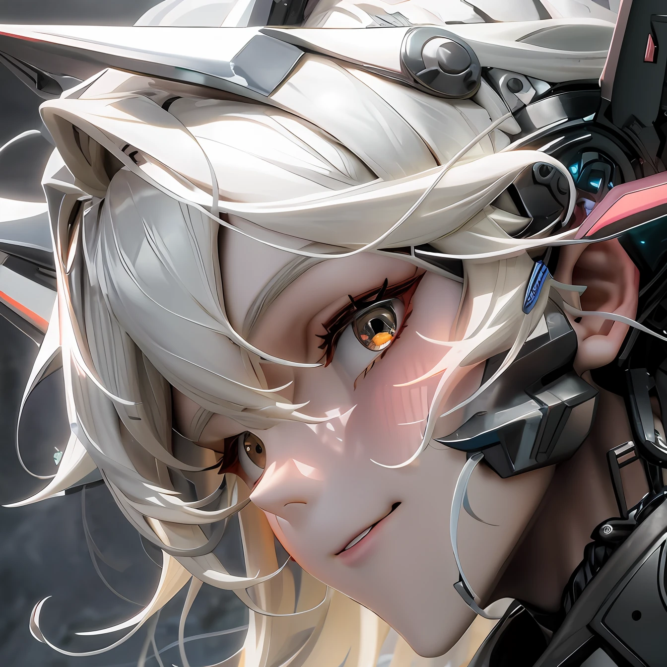 girls, smile, Electronic blue color, Wolf ears、 whited , color pastel、Bright atmosphere、Machine Man、White hair、Futuristic atmosphere、Despressing、White eyes、Longhaire、Orange eyes、Looking here、profile、