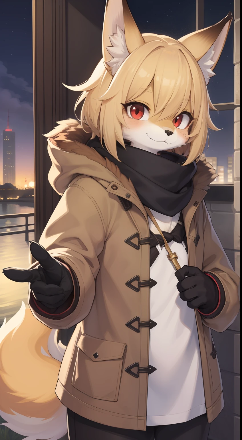 Fox Boy，Boy，was hairy，shaggy，Smoothes lashes，Skin fur，Golden fur，Short hair in men，Forelimb hands， solid circle eyes，Golden ears，Golden face fur , Short blonde hair，Red eyes，Super cute face，Brown elements on fur，Brown coat brown hood up，Ambient light，Ultra-fine fur，volumettic light，Night,natural day light，fox tails，Fluffy tail，furries wearing tails，Big tail，nevando，Night，A sky full of stars，seawall，crossed bangs, hair strand, Shiny hair，Empty eyes，35mm，sharp talons。High quality, high detailled, Best quality, Ultra HDR， Dark brown gloves，Red diamond scarf，独奏