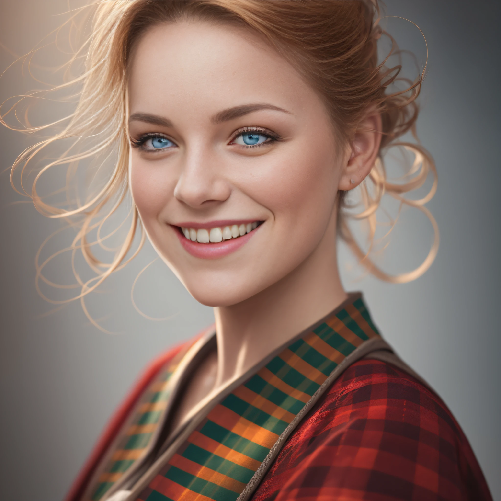 Scotland traditional dancer, portrait of a photorealistic incredibily beautiful happy woman, 20 yr, half smiling, staring at camera in front, intense coloration fantasy, light hair, a stunning realistic photograph 20 years , Random hair, Random color eyes, Luminism, Bar lighting, octane rendered