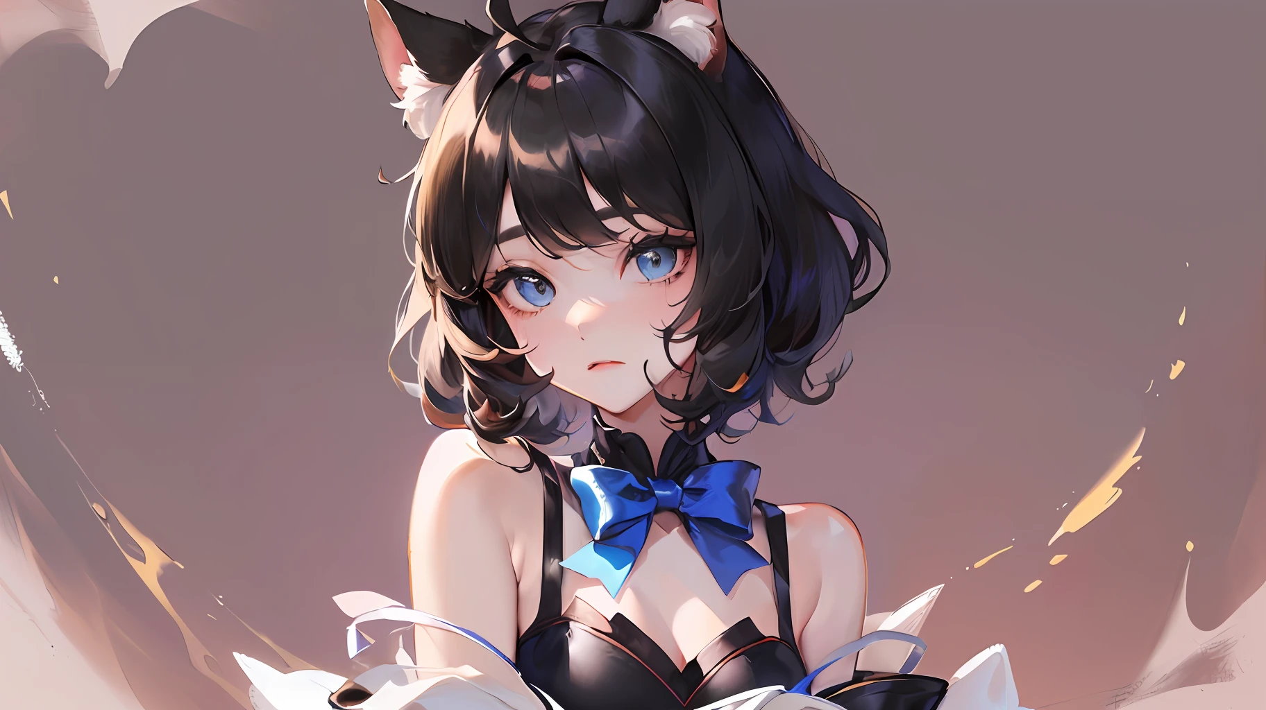 ((beste Quality))、((A masterpie))、((ultra-definition))、(illutst)、(Fine light)、(Extremely delicate and beautiful)、(((独奏)))、(((a beautifulchi girl) )))、((best quality, high_resolution, distinct_image)),(Black hair), (black cat ears), (ahoge), (absurdly short hair), (wavy hair), (blue eyes),Fashionable background、