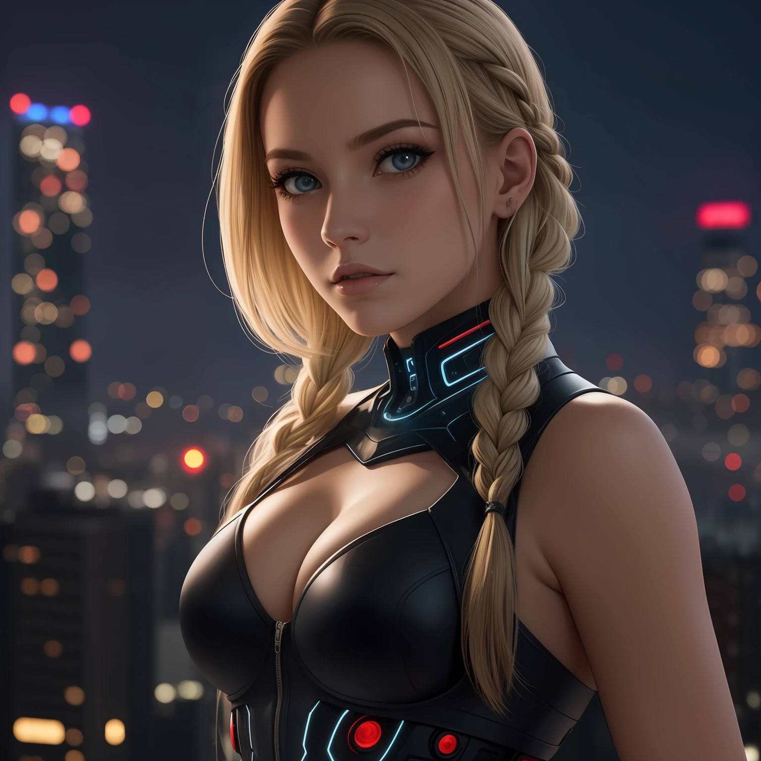 foto de corpo inteiro, em modelshoot, mulher branca, caucasiana, blonde hair with braid around the head, olhos cinzas, labios suaves como morango, Tactical black cybernetic body, com detalhes, esta no alto do Chrysler Tower a noite, sob chuva, a luz da lua, fundo skyline da cidade iluminada, pose meiga e intimidadora,