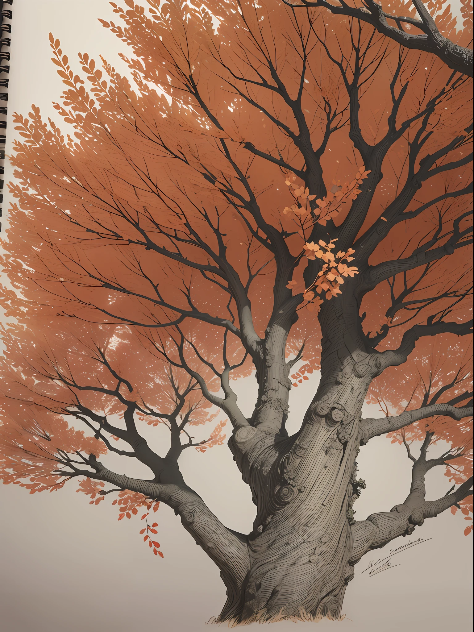 Tree with several branches, detalhado, various branches, folhas de cor laranja, caderno de rascunhos, 8k, Highresolution, alta qualidade, pencil 2b, 4b pencil, rabisco