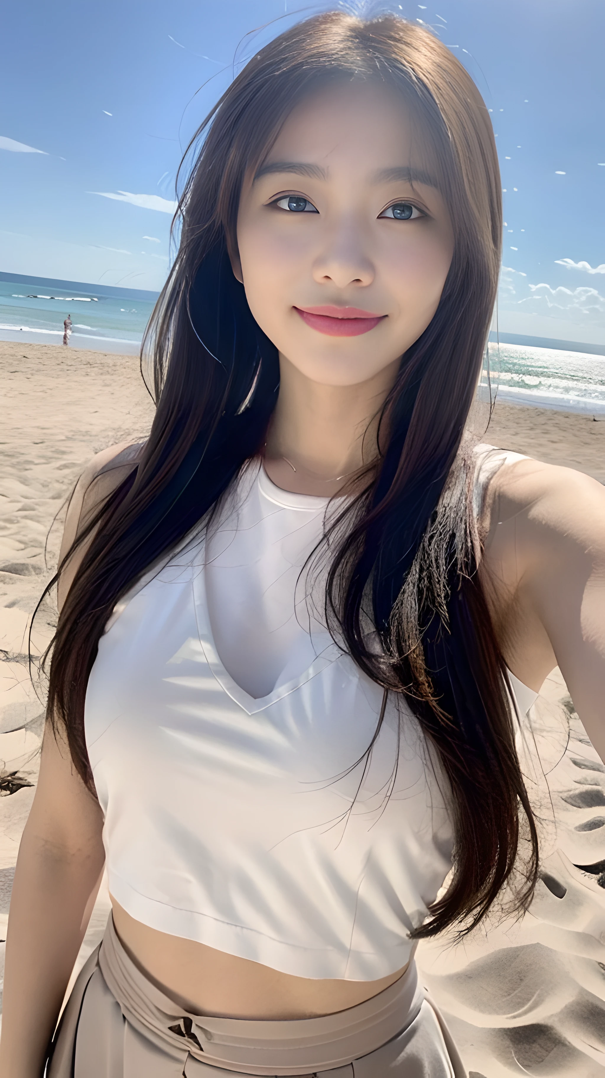 (1 Korean star with royal sister style), ((best quality, 8k, masterpiece: 1.3)), (beach: 1.8), focus: 1.2, perfect body beauty: 1.4, (pouting smile: 1.2), (hips: 1.3), highly detailed face and skin texture, fine eyes, double eyelids, whitening skin, (long hair, air bangs: 1.3), (beautiful perfect face: 1.5), (beach skirt: 1.4),