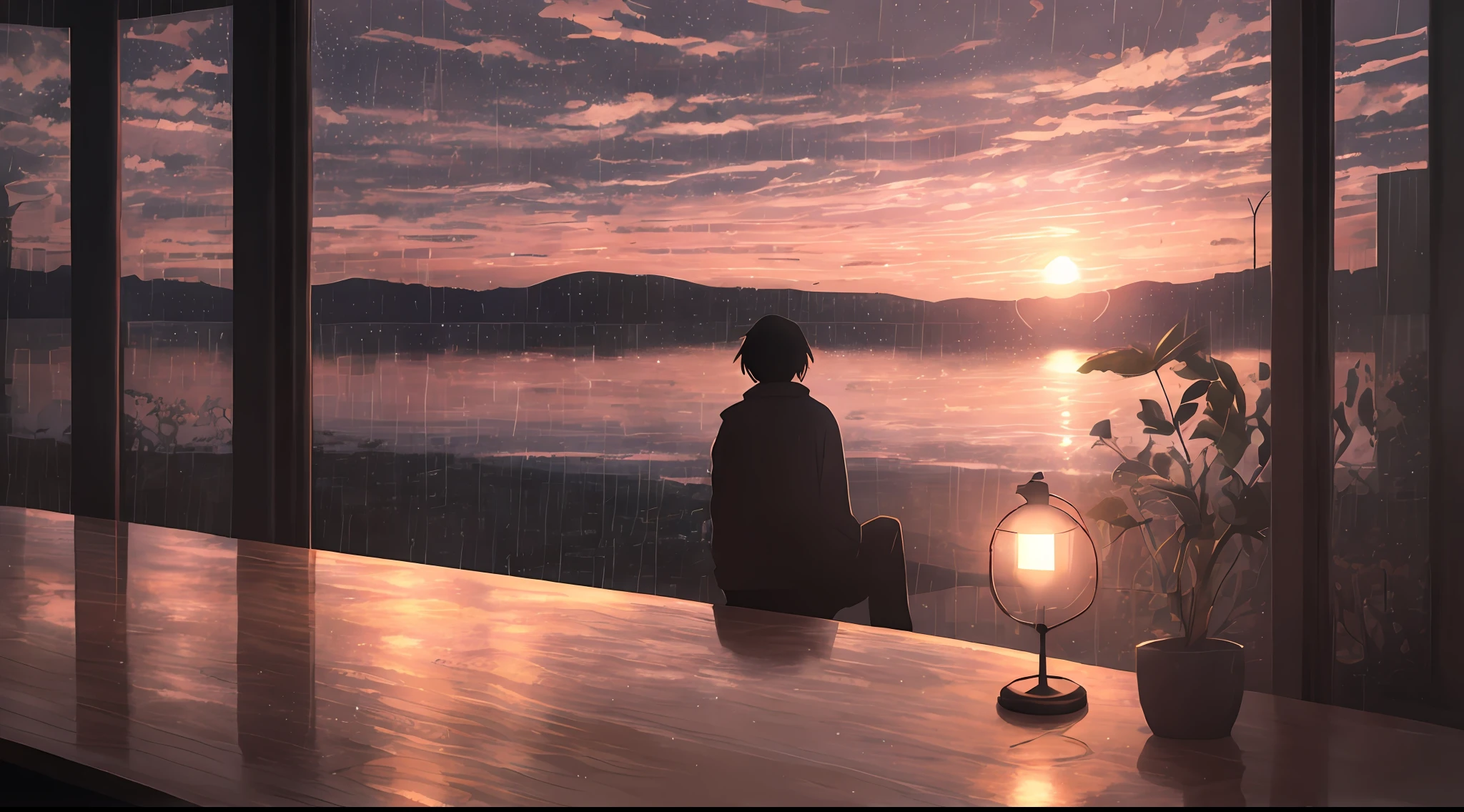 a man sitting at a table with a notbook and a lamp, clima chuvoso, anime atmospheric, rain aesthetic, raining outside, dia chuvoso, tarde chuvosa com por do sol, rainy day with sunset outside, Elogio Artstyle, anime aesthetic, homem lofi, artistic. anime vibes, Arte Lofi, Anime Art Wallpaper 4K, Anime Art Wallpaper 4K