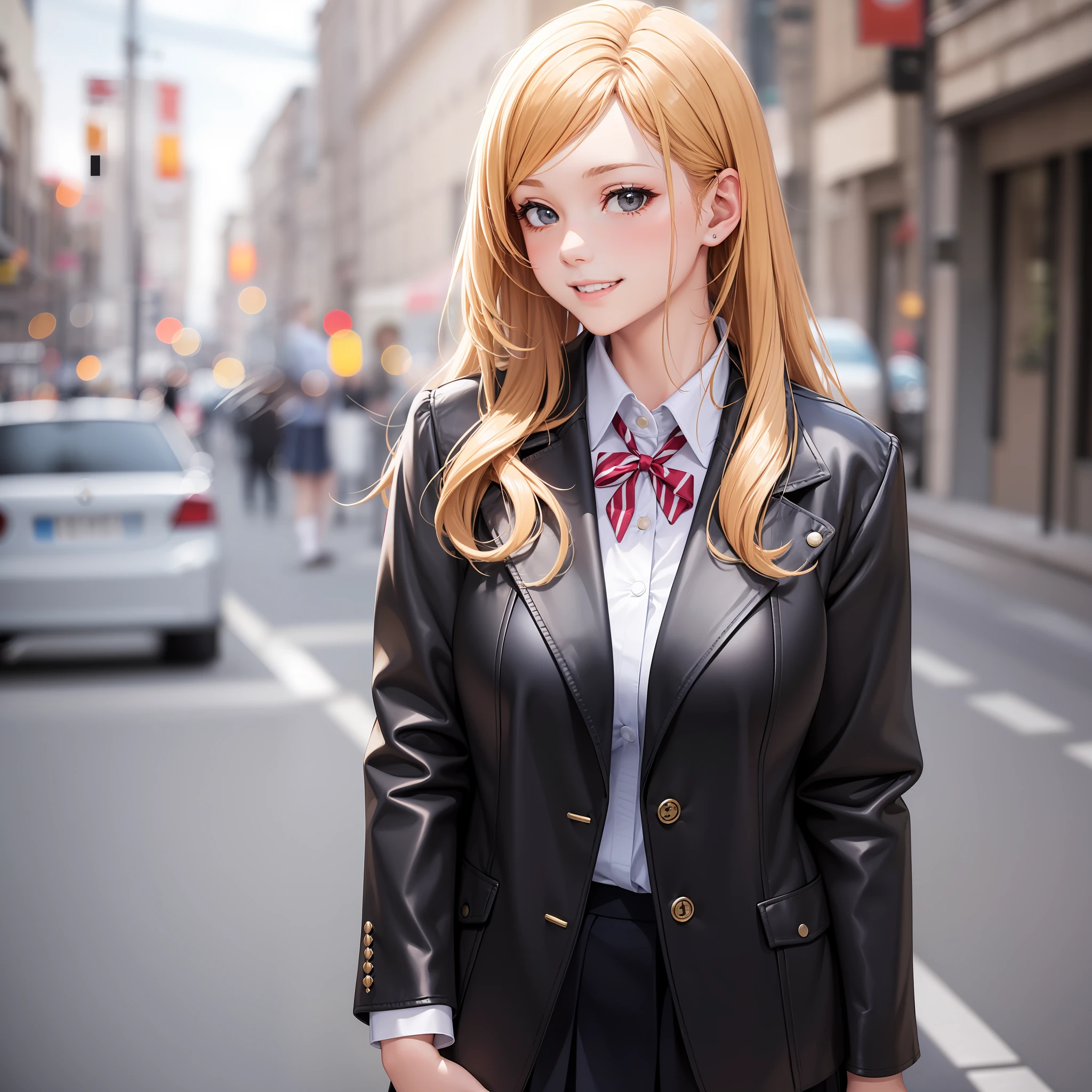 beautyful girl　a beautifulchi girl　smile on face　Long　a school uniform　blazers　leather jacket　a blond　beste Quality　A masterpie　ultra-highres　Giant tits　Loose Socks