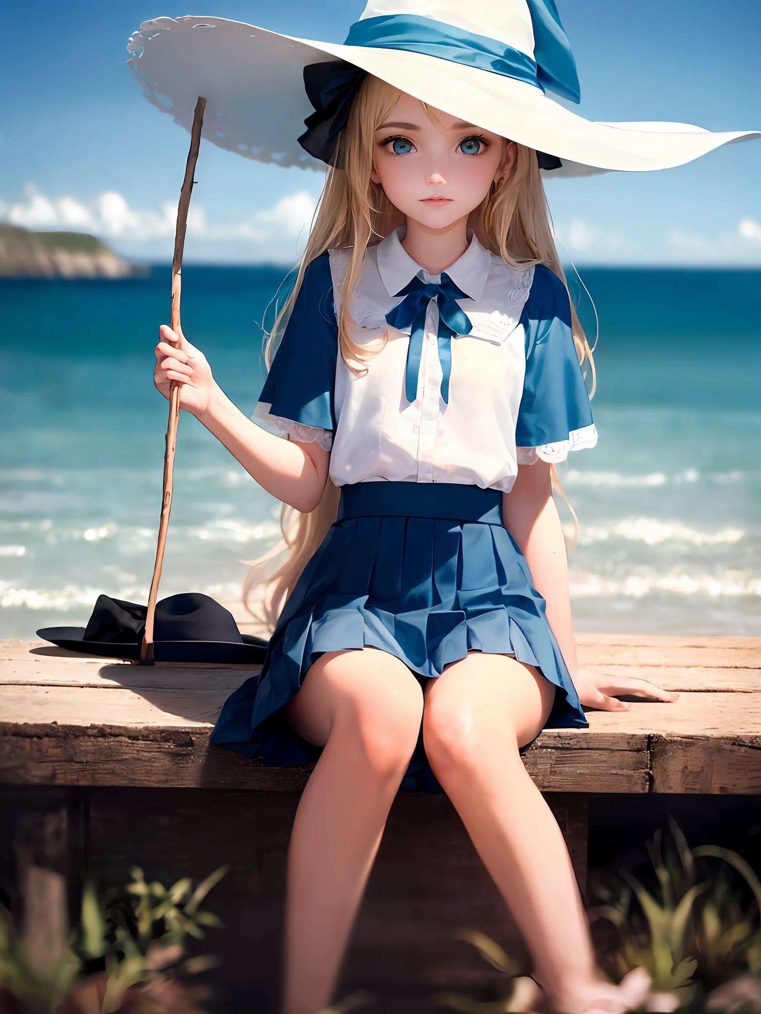 1girls, Single person， (Masterpiece:1.1), (Best quality:1.1),  Break [blue:Pink:0.5] theme, Cowboy shot,Cinematic light， full full body，Positive perspective，Long blonde hair，exquisite facial features，The Perfect Hand，Blue eyes, (White short-sleeved top:1.2)，(Blue witch hat:1.2)，(Blue pleated skirt:1.2)，Sit，elegantly，beckon，Coastal background