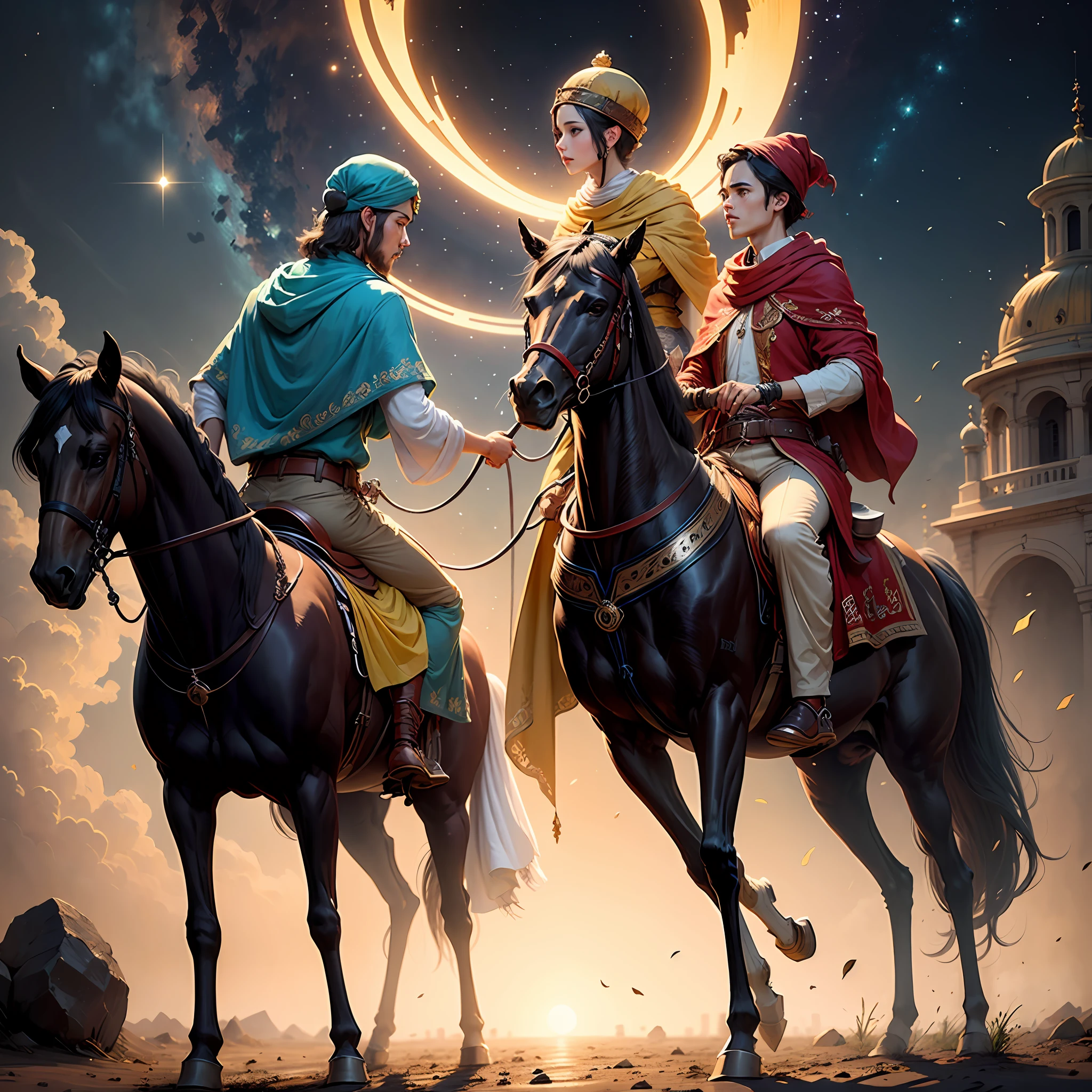 Three magi on horseback looking for Jesus in night star view
