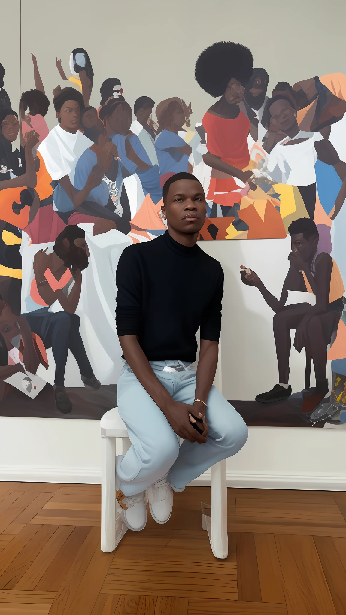 Homem sentado em um banquinho em frente a uma pintura, Directed by: Jessie Alexandra Dick, Kara Walker James Jean, Arte em destaque, Directed by: Lily Delissa Joseph, inspirado em Barkley Hendricks, Maria Borges, Directed by: Willian Murai, alphonse muca, Anton, Yan Gisuka, Kehinde Wiley, 2 0 1 9, Por Kehinde Wiley