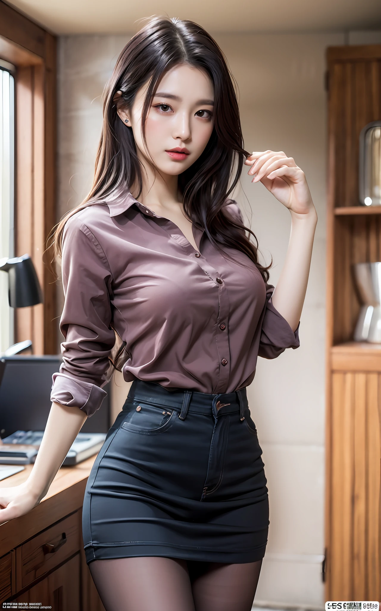 Highly detailed CG Unity 8k wallpaper, top quality, super detailed, masterpiece, realistic, photorealistic, highly detailed cute girl, 25 years old, blush, round eyes, medium breasts, viewer, half body shot, black pantyhose, casual shirt ,room,shoot from the side