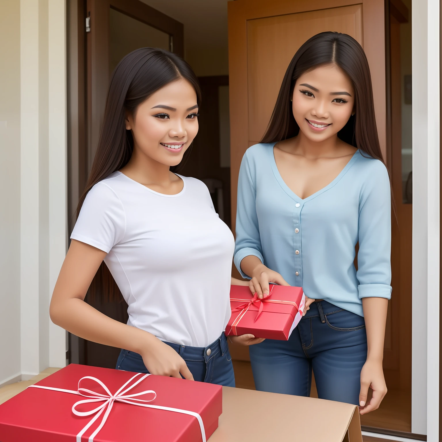 mujer de filipinas recibiendo una caja de zapatos como regalo en su puerta por otra mujer de filipinas