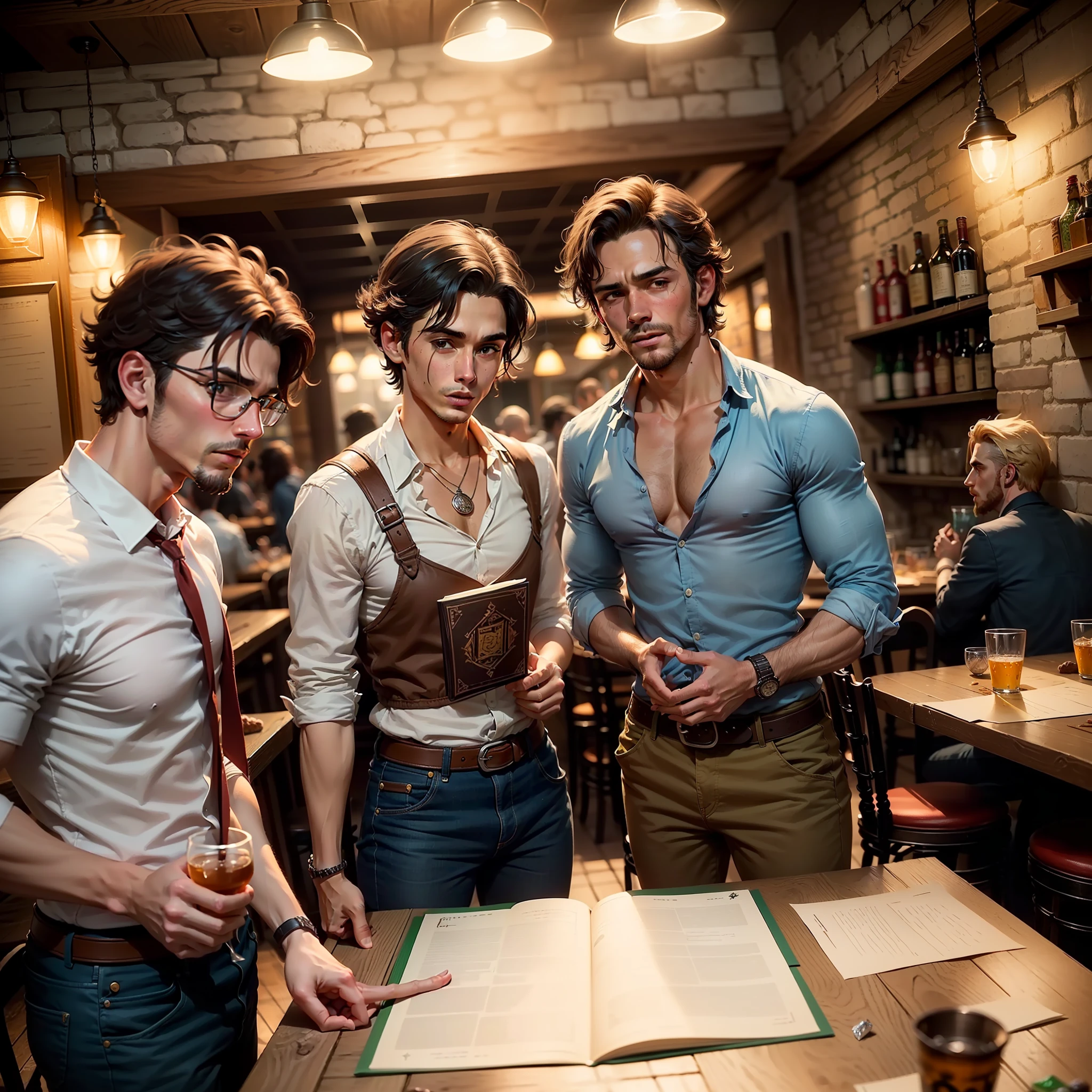 (((Um grupo de amigos jogando D&D))). ((RPG de mesa). (Estilo livro de D&D). Background uma taverna. (Subliminar, jovem sensual) --auto