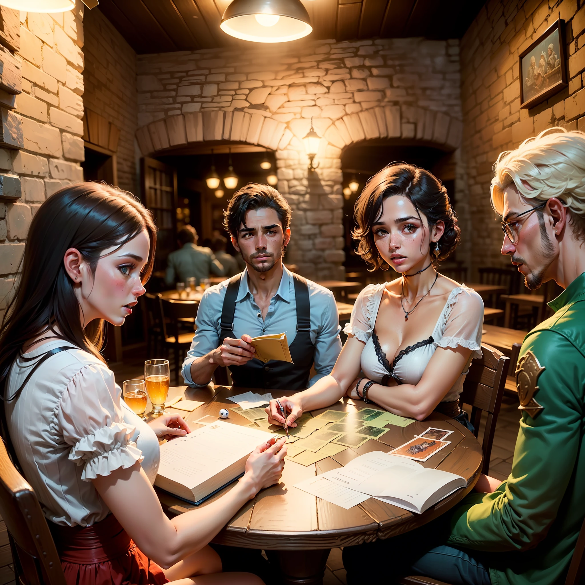 (((Um grupo de amigos jogando D&D))). ((RPG de mesa). (Estilo livro de D&D). Background uma taverna. (Subliminar, jovem sensual) --auto